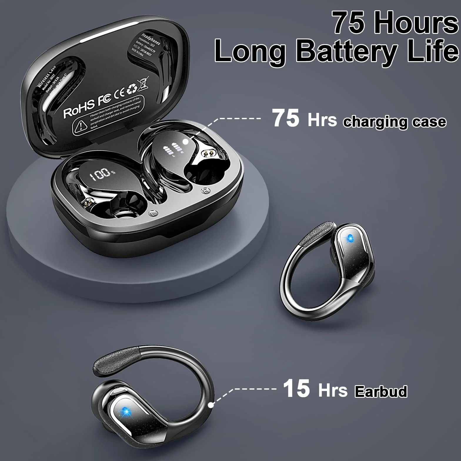 Cuffie Bluetooth Sport 5.4 con 4 ENC Mics, IP7 Impermeabili, Display LED, Senza Filo per Palestra Running