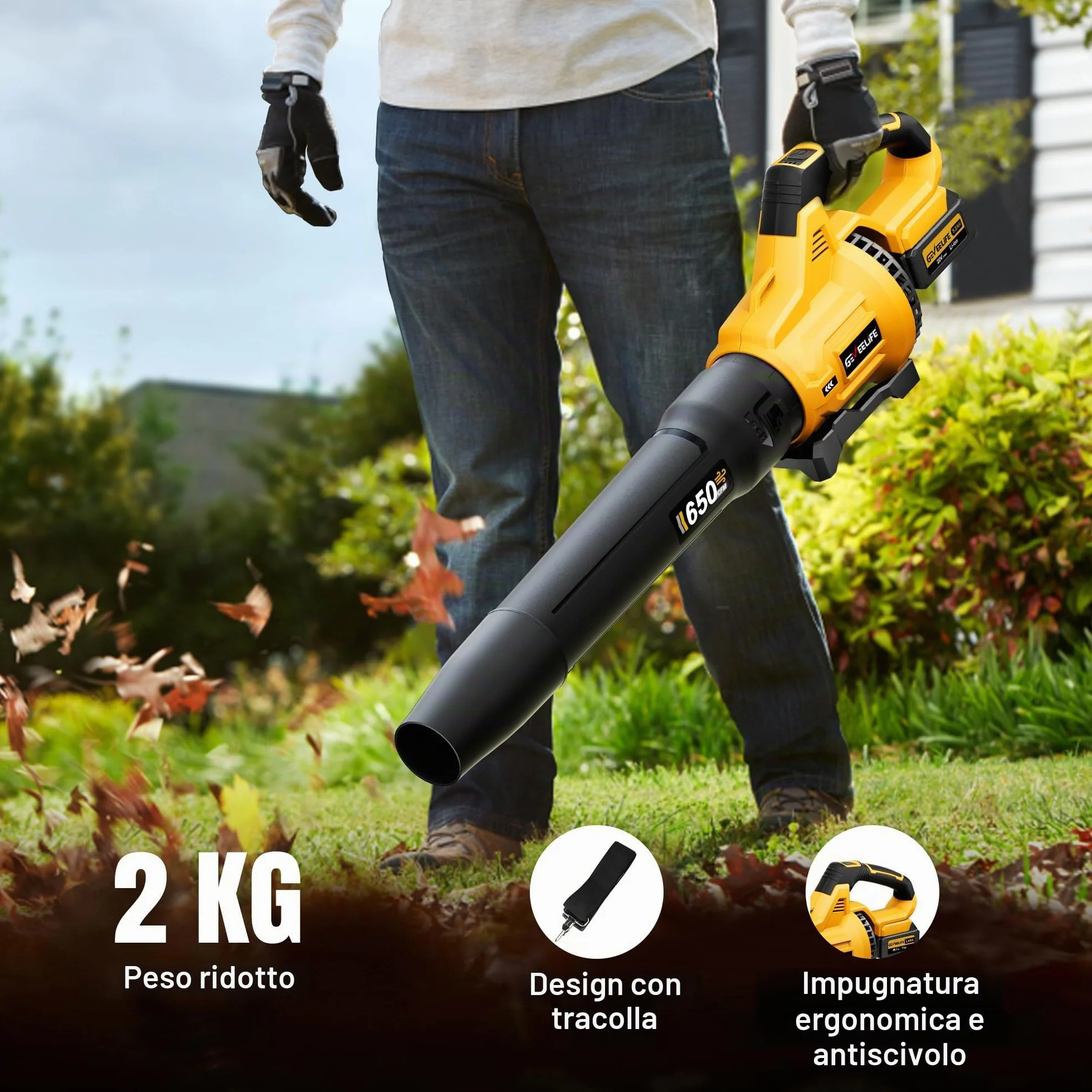 GEVEELIFE Soffiatore elettrico a batteria, 18 V, 257 km/h, con batterie a 3 marce e 2 batterie da 5,2 Ah, senza fili, per giardino, foglie, polvere e neve (batteria inclusa), giallo