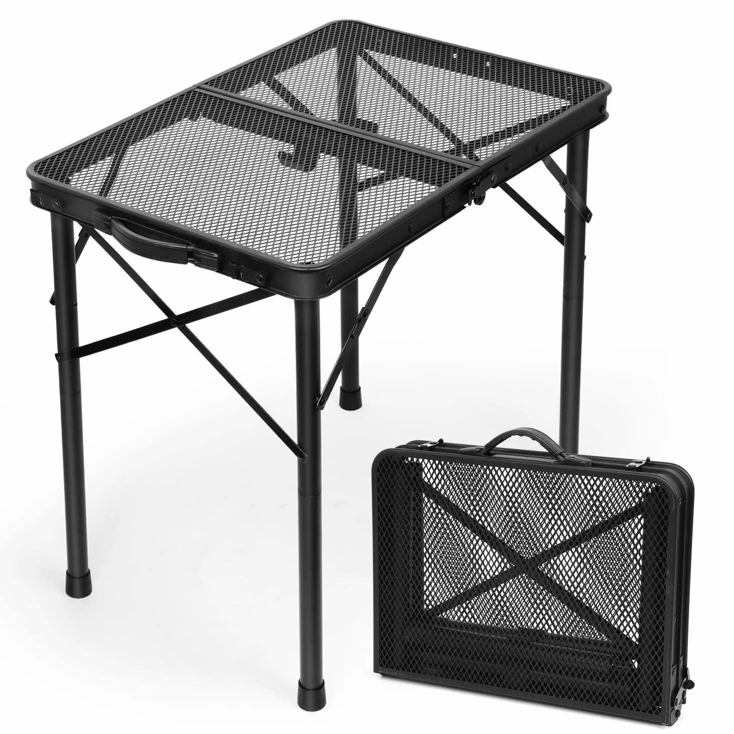 E EASTSTORM Tavolino Pieghevole da Campeggio, Tavolo Barbecue con Griglia in Metallo, 2 Regolabili in Altezza Portatile per Picnic Giardino Balcone Mercato Grigliato Spiaggia