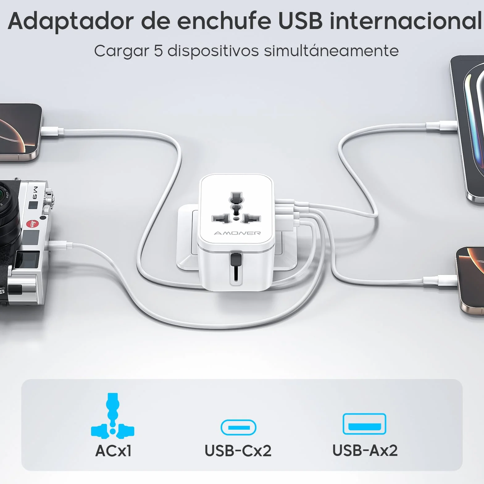 Amoner Adattatore Universale da Viaggio 2 USB C 2 USB A 2KW per 200+ Paesi