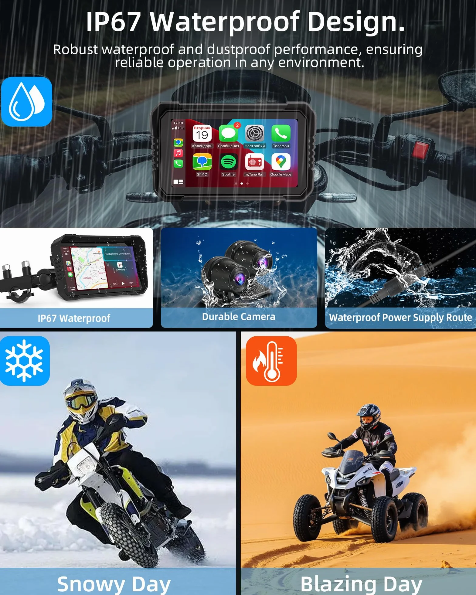 Motorcycle Carplay Android Auto 4K Dashcam 6.25" Double Camera Bluetooth IP67 GPS Navigation 64GB