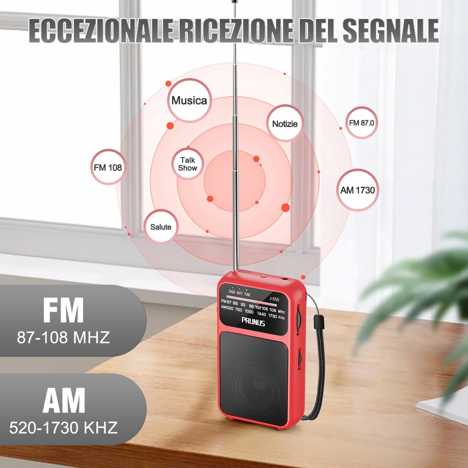 PRUNUS J-555 Radio Portatile Ricaricabile FM/AM con Batterie AAA, Jack, Clip Posteriore Rosso