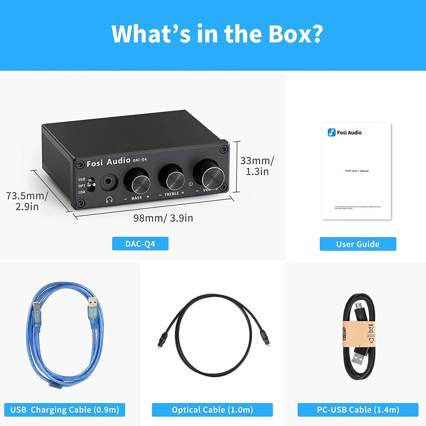 Fosi Audio Q4 DAC Amplificatore per Cuffie, Mini DAC USB C Hi-Res 32bit/768kHz, Uscita 3,5mm RCA, Ingresso Ottico Coassiale, per PC Home Theatre