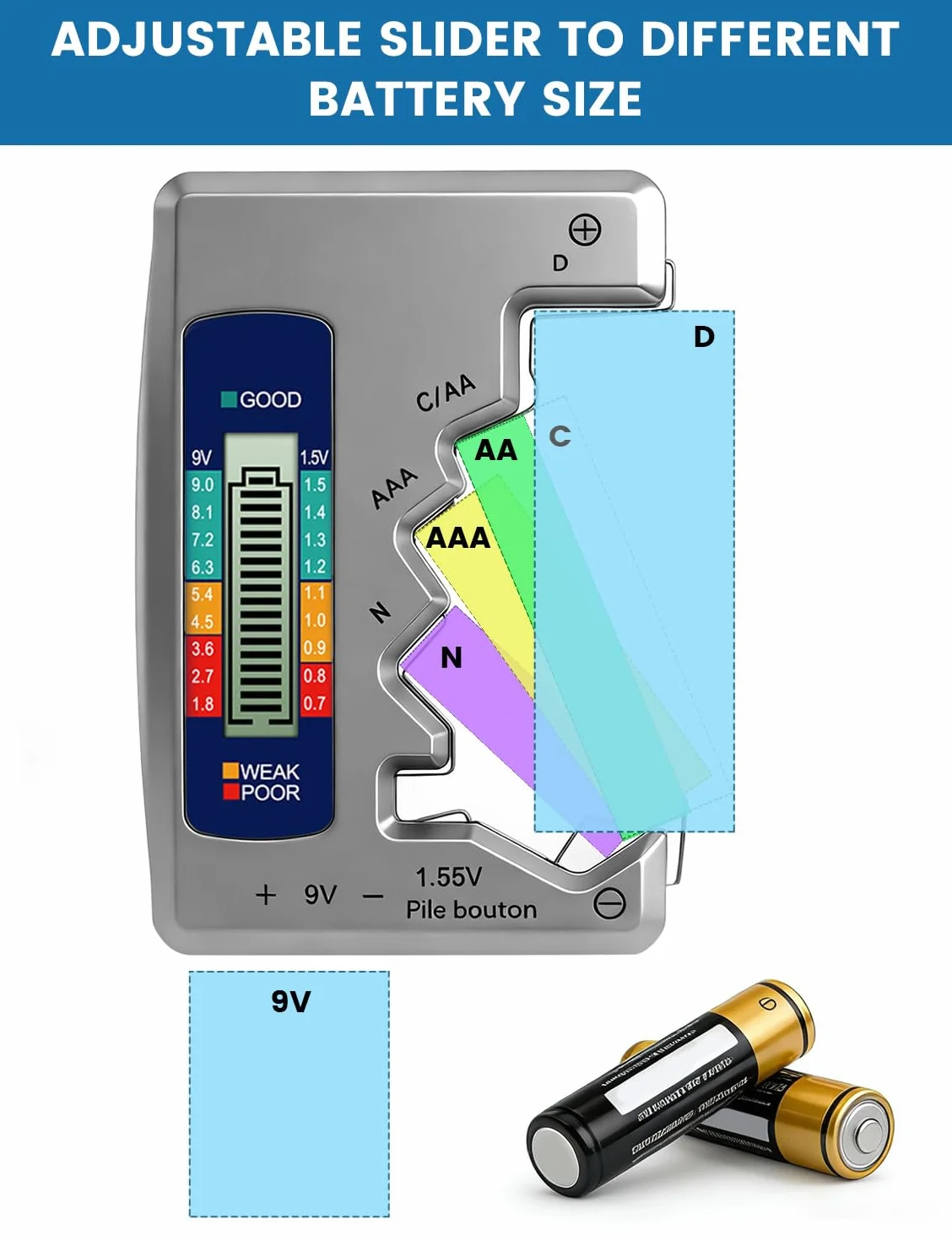 Testatore universale per batterie con display LCD AA AAA N C D 9V pile a bottone 1,55V mini pile