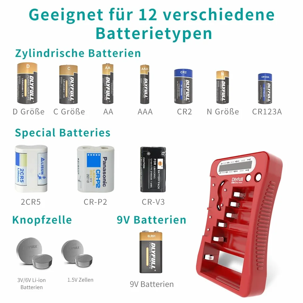 Dlyfull LCD Tester Batterie Universale per AA AAA C D 9V CR123A CR2 CRV3 2CR5 CRP2 Volt Checker Rosso