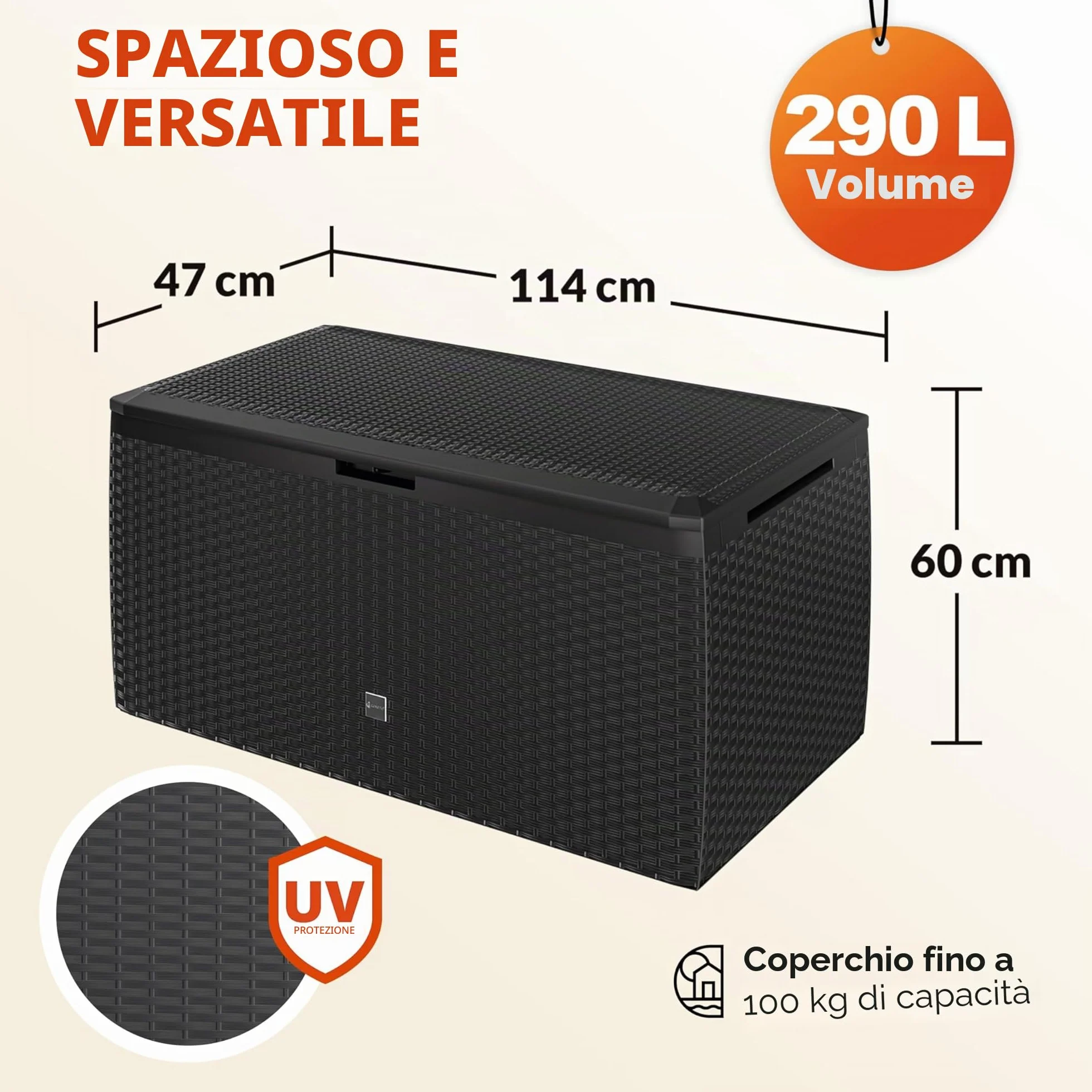 Casaria® Baule da Giardino 117x47x60cm Aspetto Polyrattan 290L Box Multiuso Multibox Cuscini 6 Ruote Coperchio Esterno