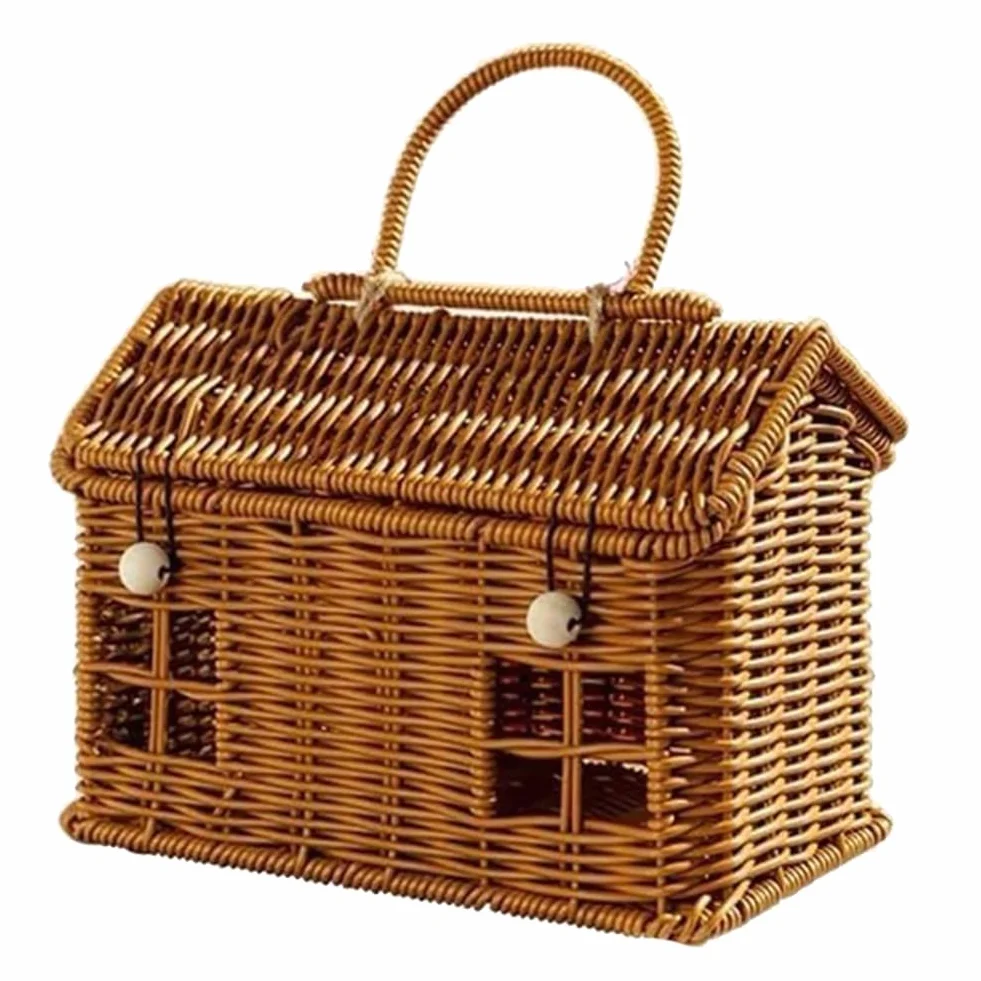 Cesto in Rattan A Forma di Casa con Coperchio e Manico Pieghevole per PIC-Nic, Pasqua, Organizzazione, e Conservazione
