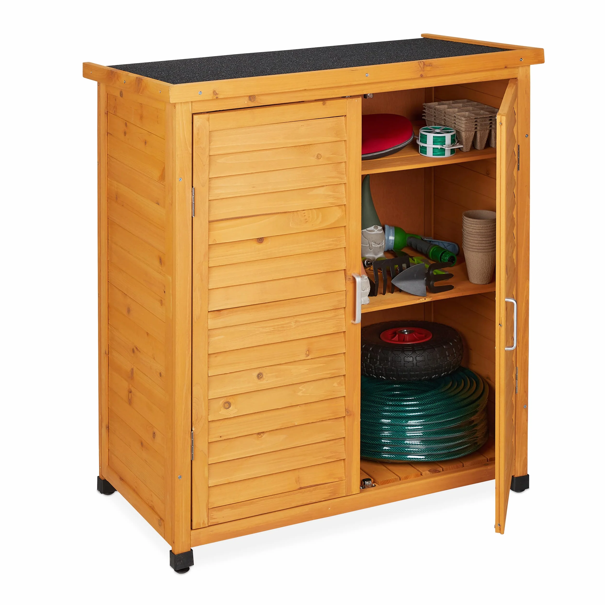 Relaxdays Armadietto da Giardino 3 Scomparti Ripiano Inclinato Mobiletto 2 Ante Legno 97x86,5x47 cm Naturale