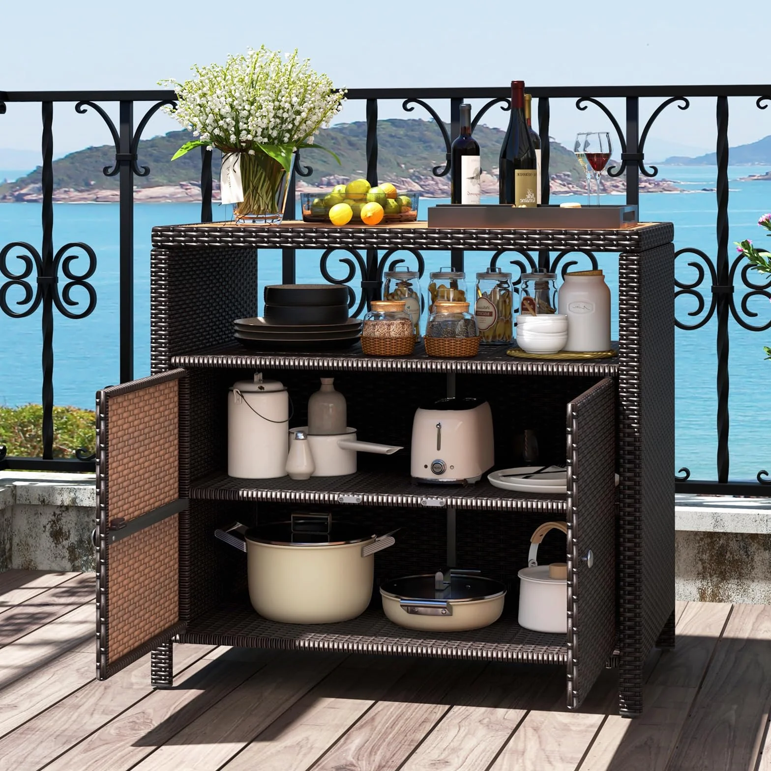 KOMFOTTEU Armadio da Esterno Impermeabile in Rattan 90x53x86 cm Marrone