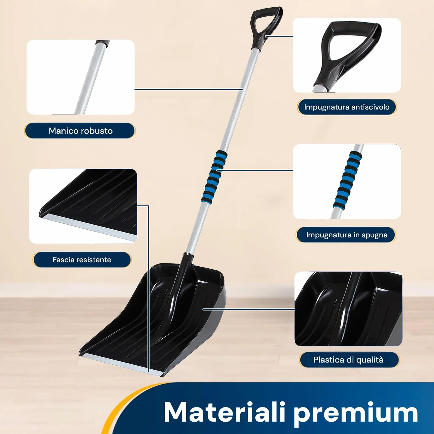 Wintem Pala da Neve con Manico in Alluminio 143x38x18cm - Ideale per Affrontare l’Inverno - Impugnatura Ergonomica Antiscivolo - Struttura Robusta, Leggera e Resistente - Semplice da Usare