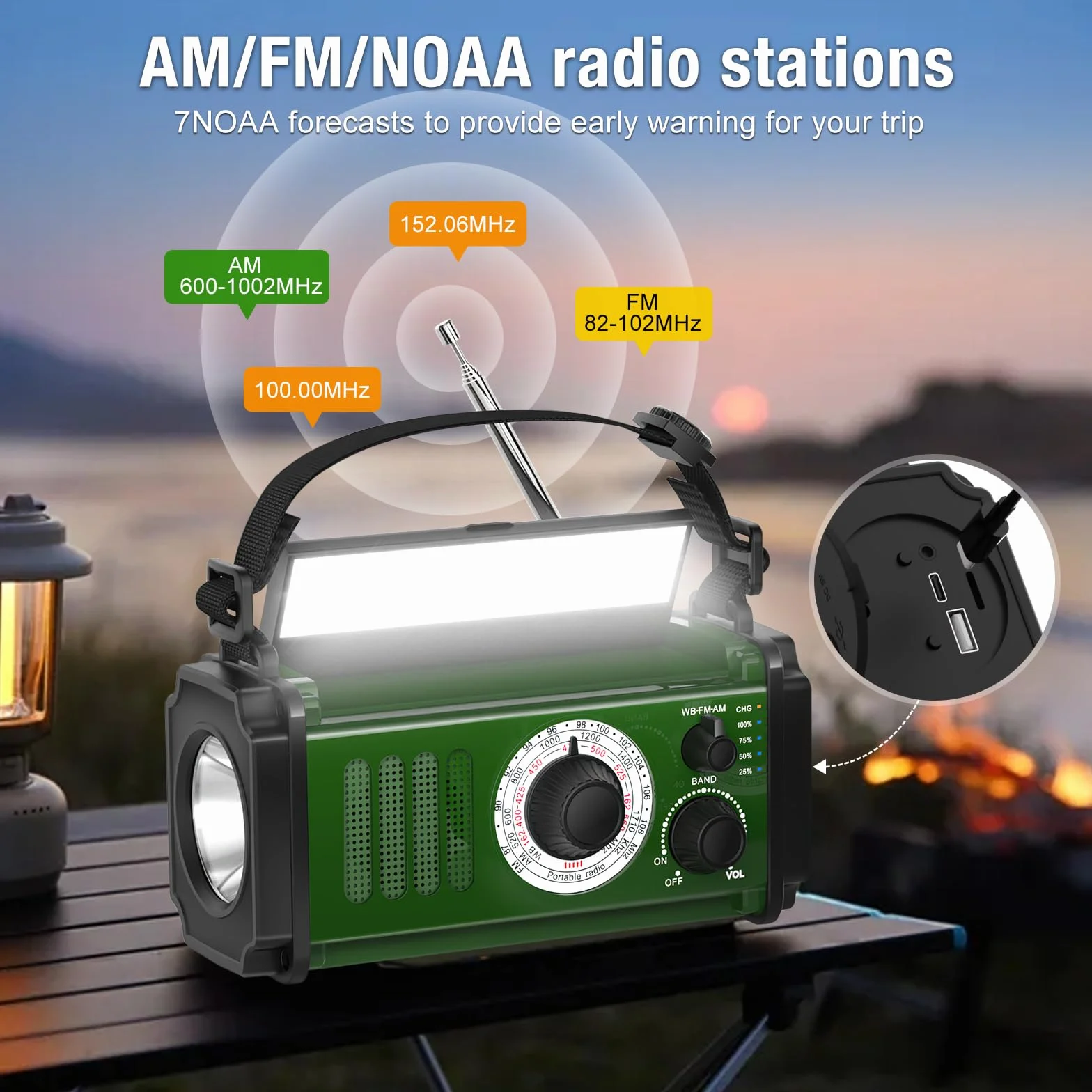 Radio di Emergenza a Manovella con Ricarica Solare NOAA AM FM 4 Metodi di Ricarica Batteria ai Polimeri Torcia Allarme SOS Bussola