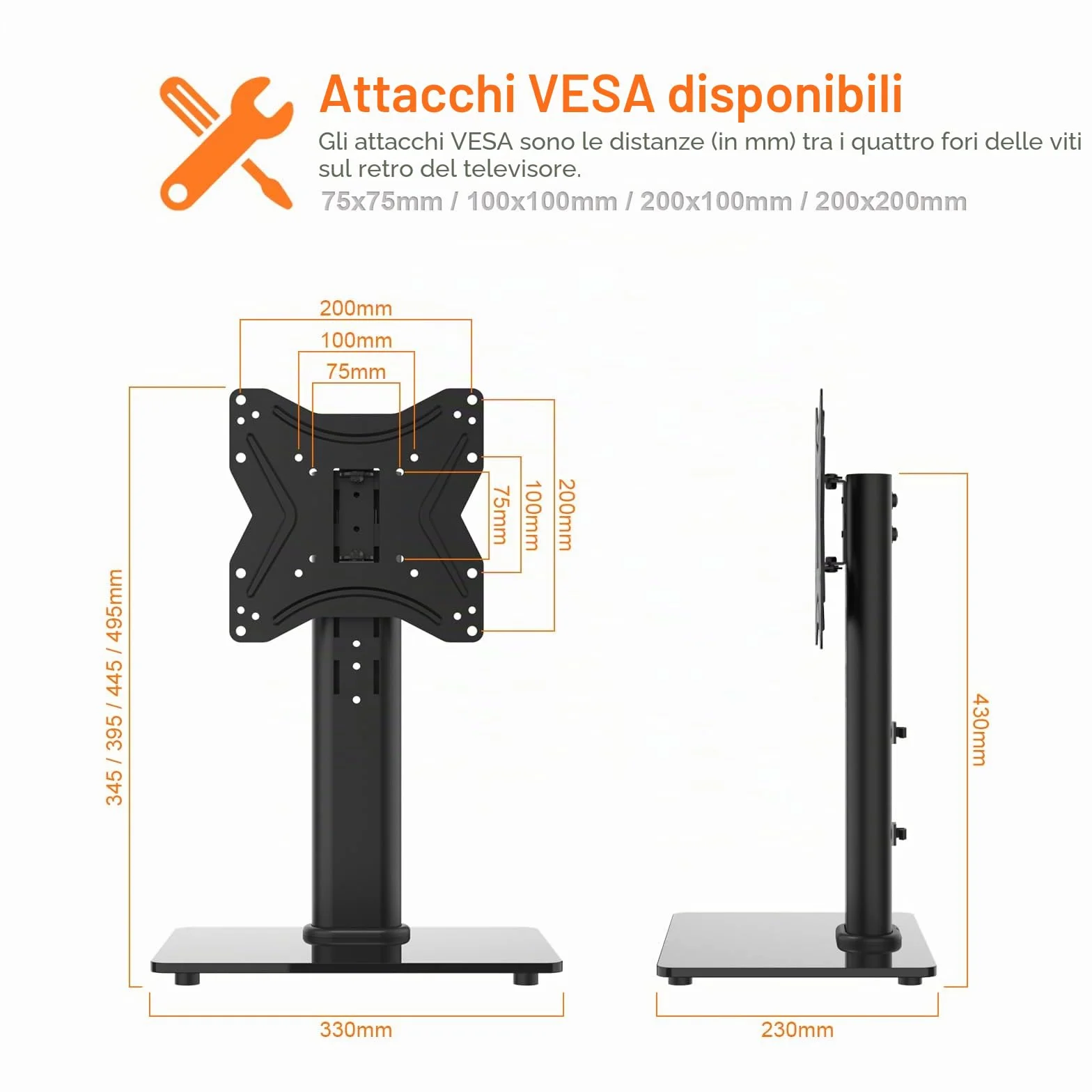 GRIFEMA GB1005-2 Supporto TV da Tavolo 17-43 Pollici Girevole Regolabile in Altezza Base in Vetro Temperato Fino a 30 kg Vesa 200x200mm