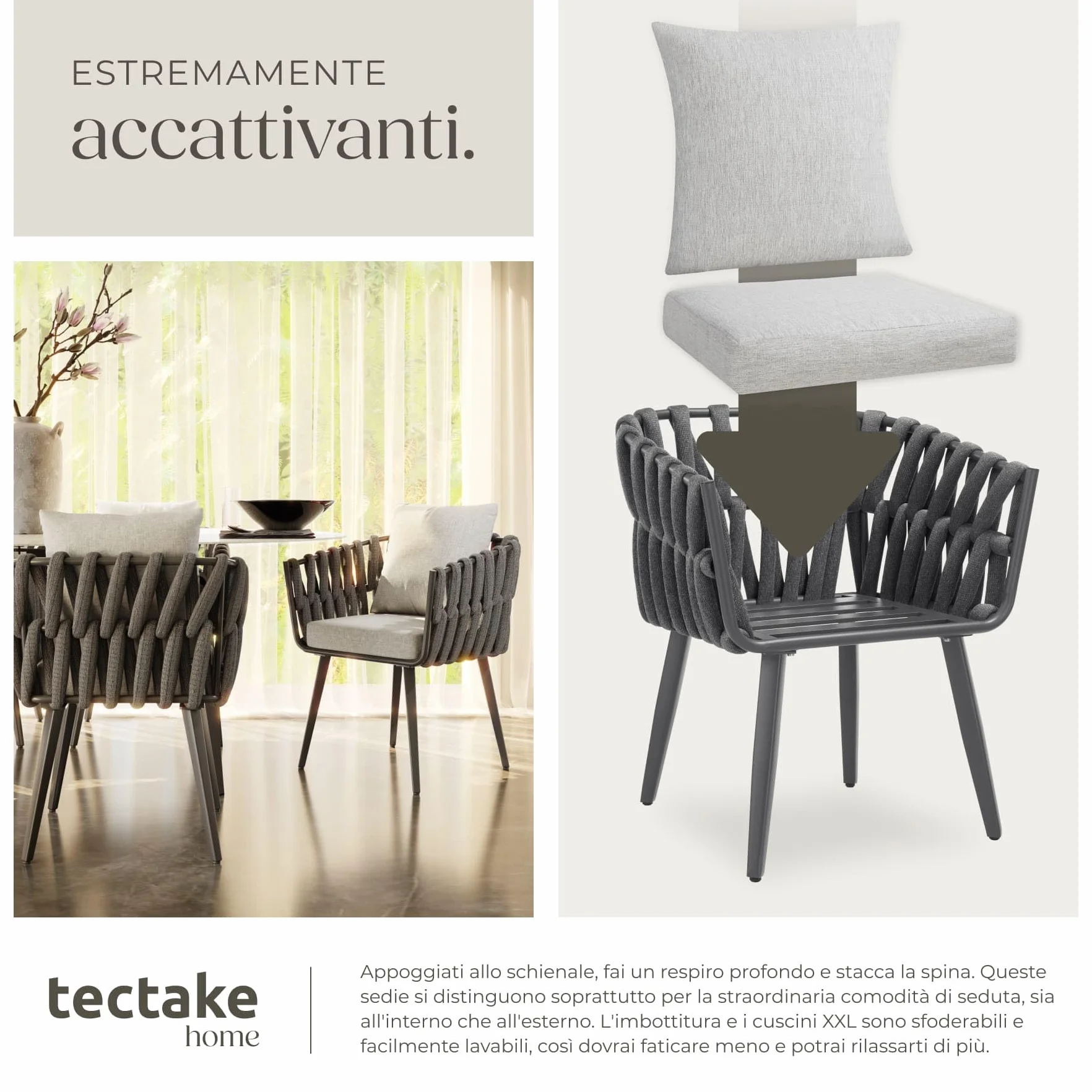 tectake® Set di 2 Sedie da Giardino, Design a Corda, Struttura in Alluminio, Cuscini Extra Spessi e Super Morbidi, Rivestimenti Idrorepellenti e Lavabili, Piedini Regolabili in Altezza - Antracite
