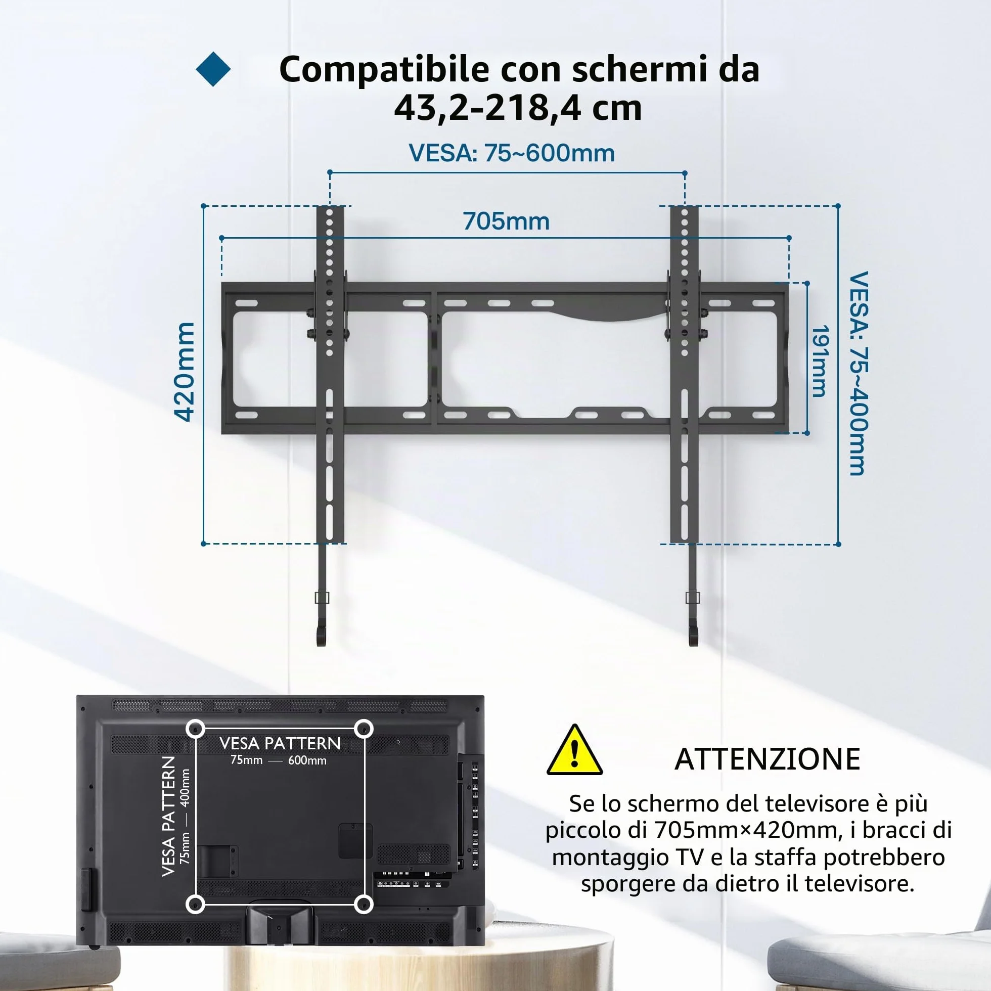 BONTEC Supporto TV Parete 17-86 Pollici Inclinabile VESA 600x400 mm 75 kg