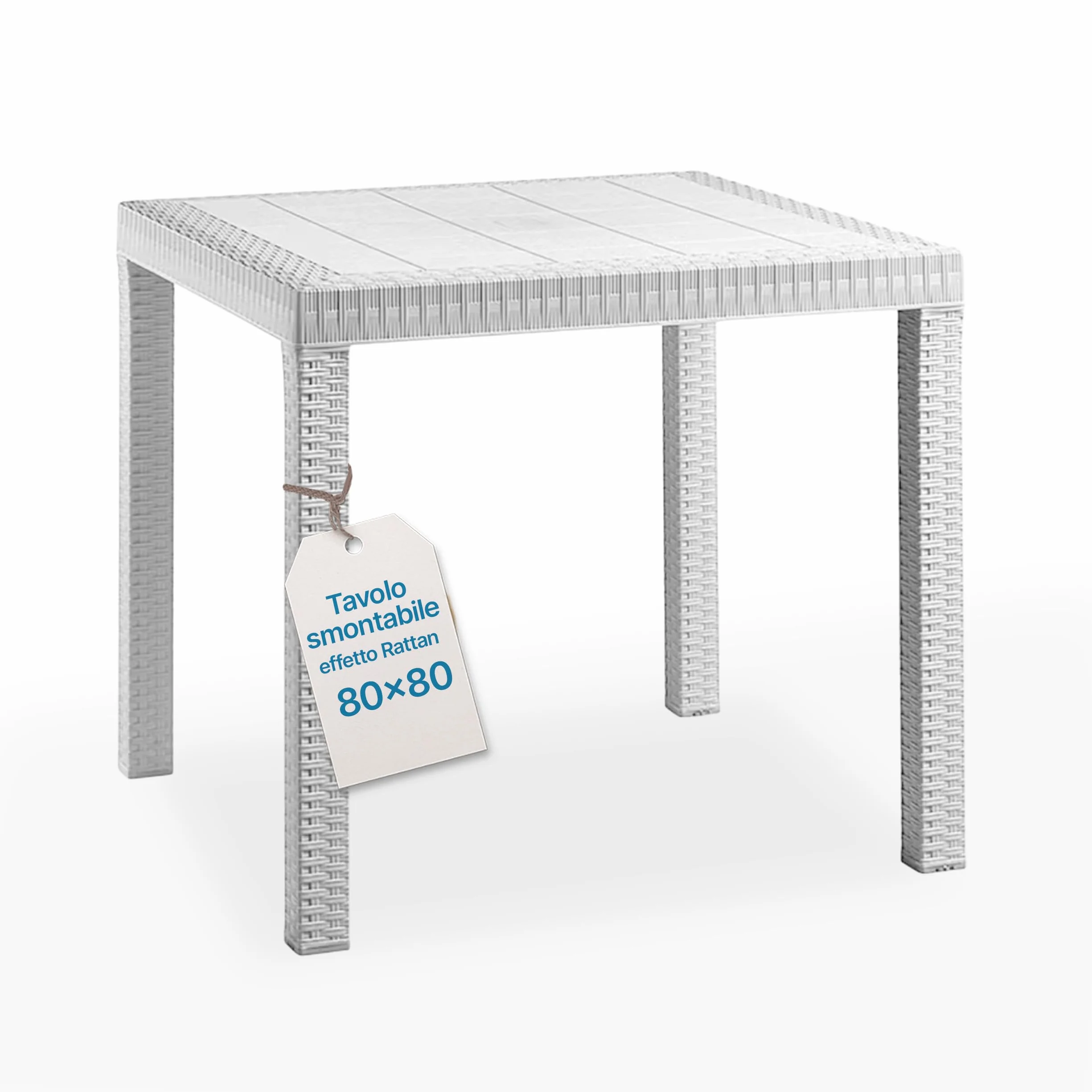 Tomaino - Tavolo da giardino in plastica quadrato 80x80 - Tavolino per esterno 4 posti effetto rattan per casa, bar e ristorante con foro per ombrellone (Bianco)