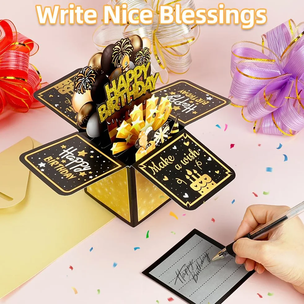 Vicloon Biglietti di Compleanno 3D con Musica e Luci, Pop Up Happy Birthday Card, Spegnere Candele LED