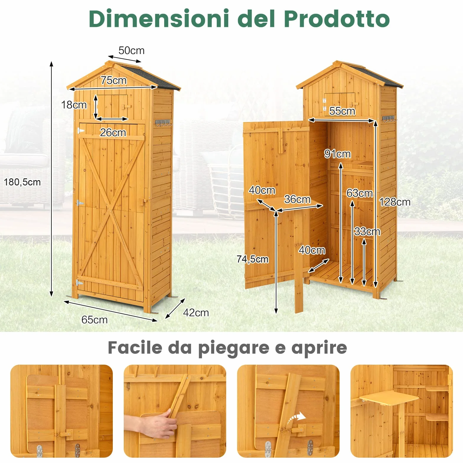 COSTWAY Armadio da Esterno in Legno Capanno da Giardino con Serratura Tavolo Pieghevole Tetto Impermeabile