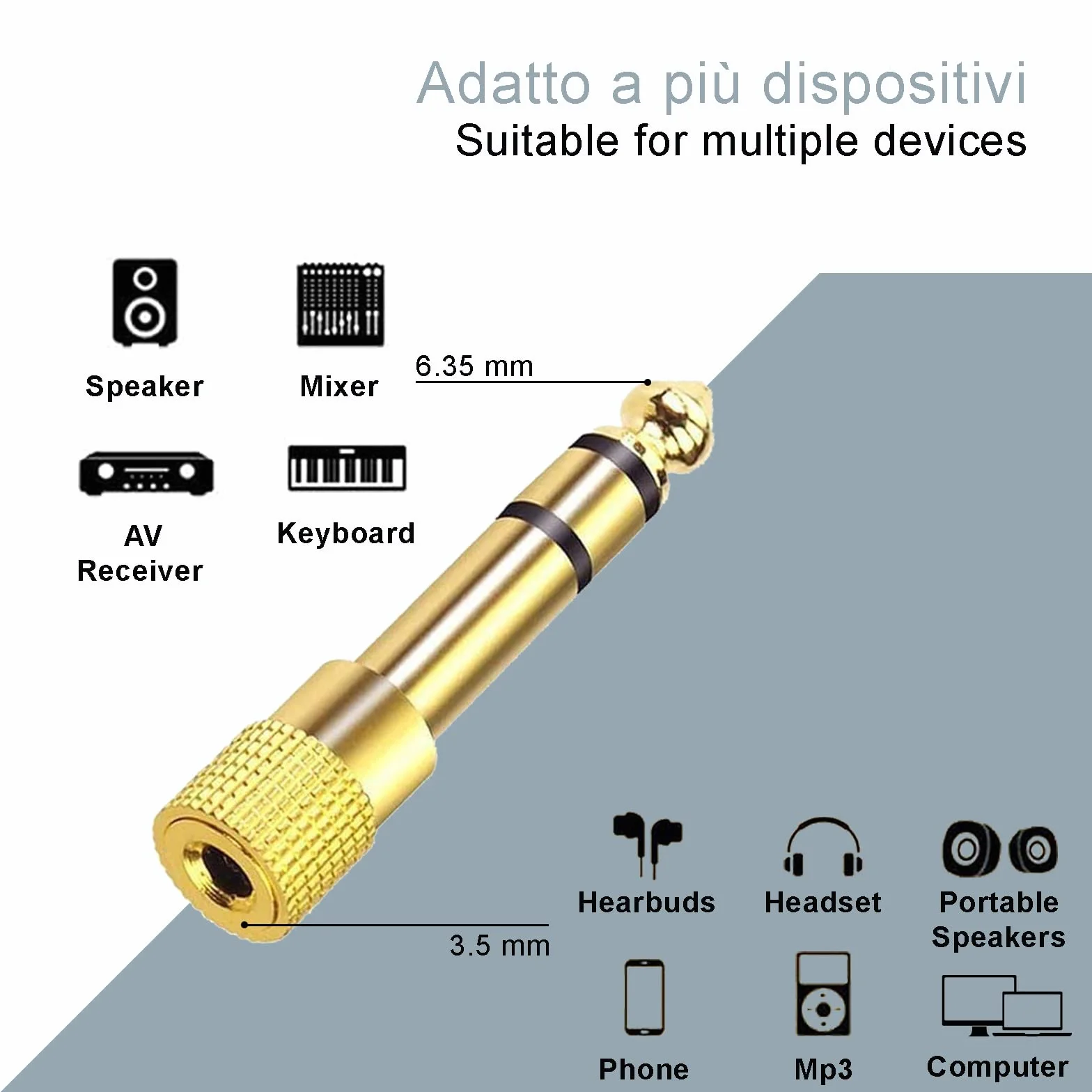 Adattatore Jack Cuffie 6.3 a 3.5 Rame Puro Placcato Oro Riduttore Maschio Femmina Stereo AUX