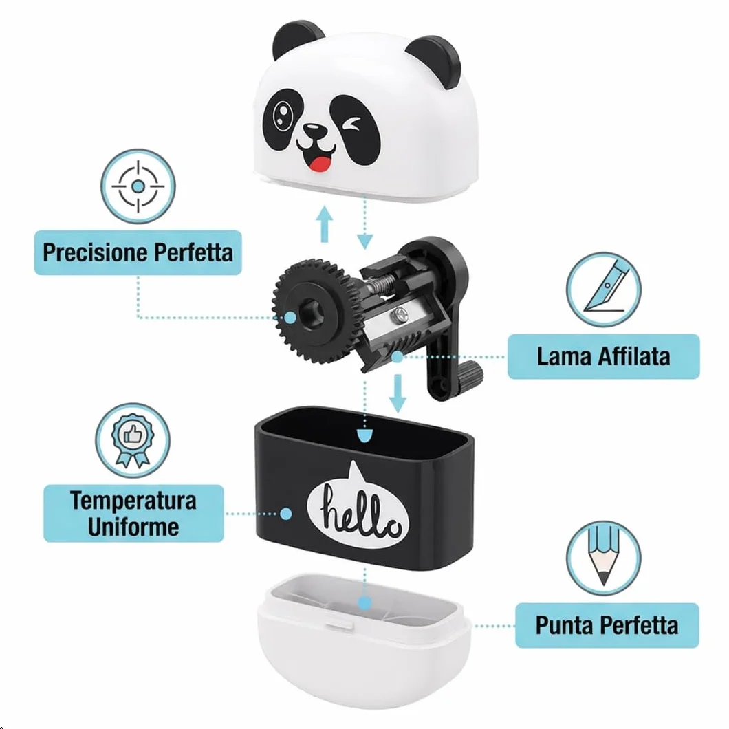 Colourbook Temperamatite 3 in 1 con Gomma e Contenitore Trucioli, Design Panda, Mini Temperino Compatto per Scuola, 4x1,5x1,5 cm
