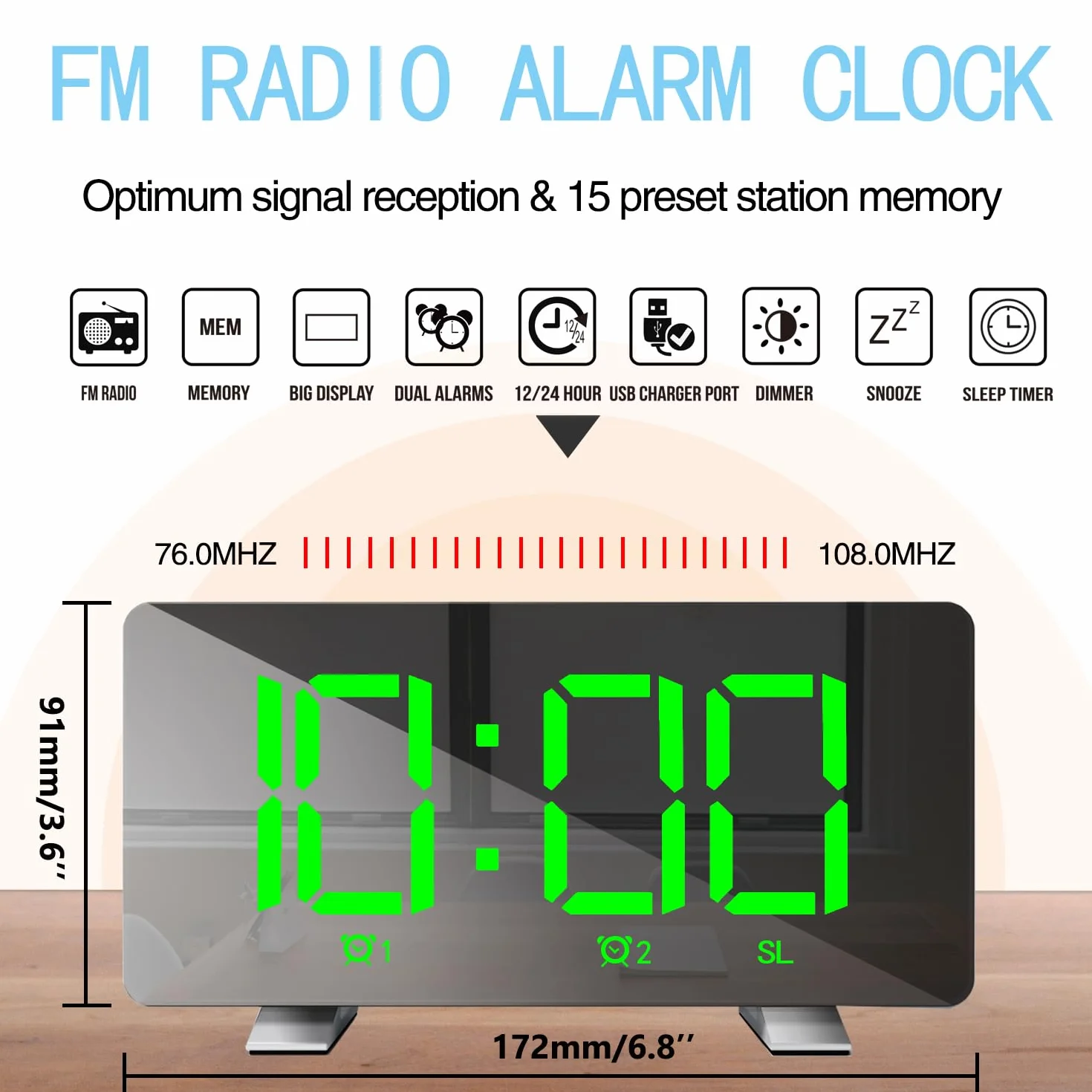 Radiosveglia Digitale Sveglia FM Display LED 3 Livelli di Luminosità Auto Dimmer Volume Regolabile
