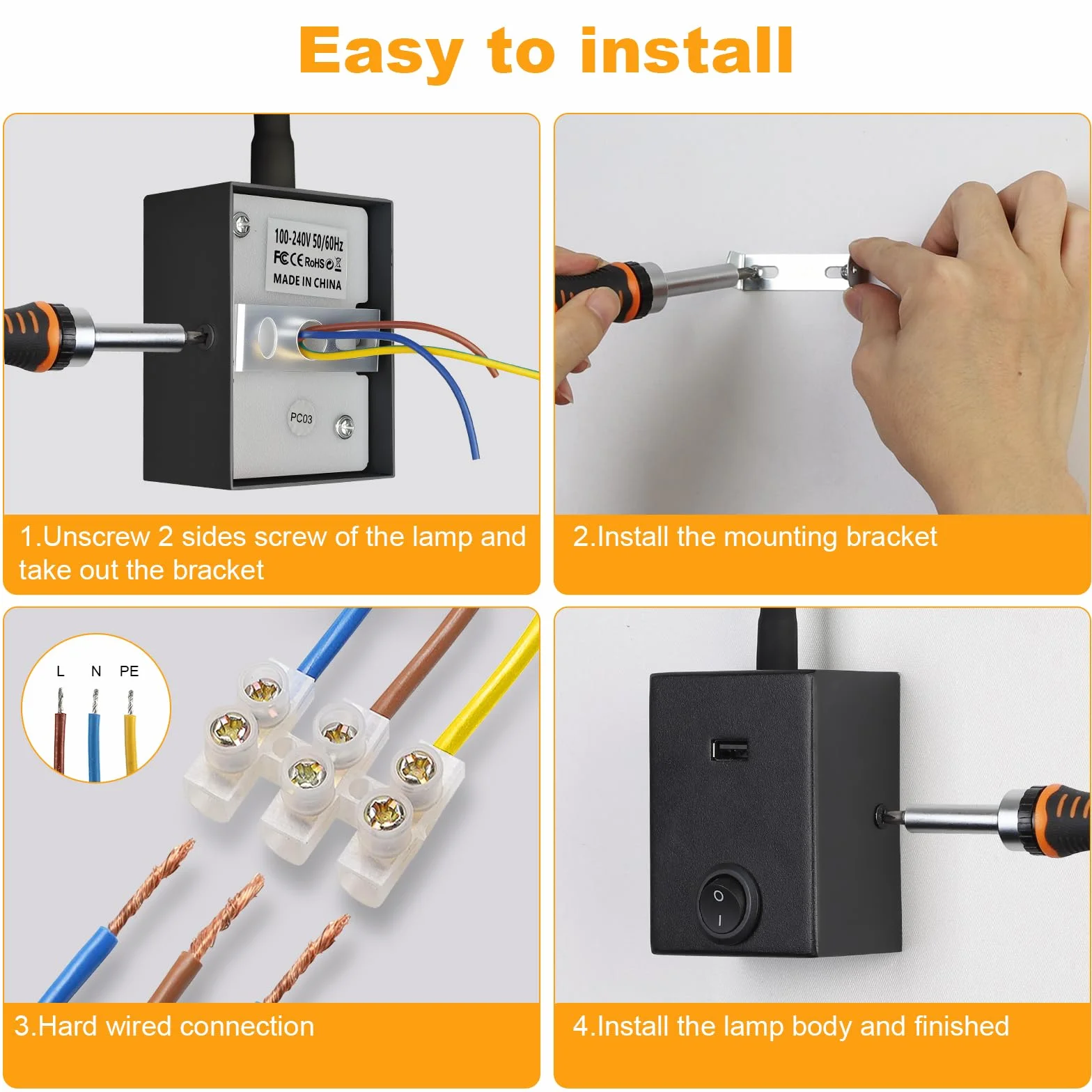 Lampada da Lettura a LED da Parete 3W con Collo d'oca Flessibile 360° USB 3000K Nero