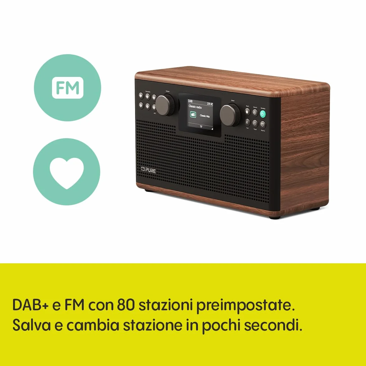 Pure Classic H6 Radio Estéreo Digital con DAB+, FM, Bluetooth 5.3, Pantalla TFT 2,4", 2×15 W, Marrón Café/Nogal