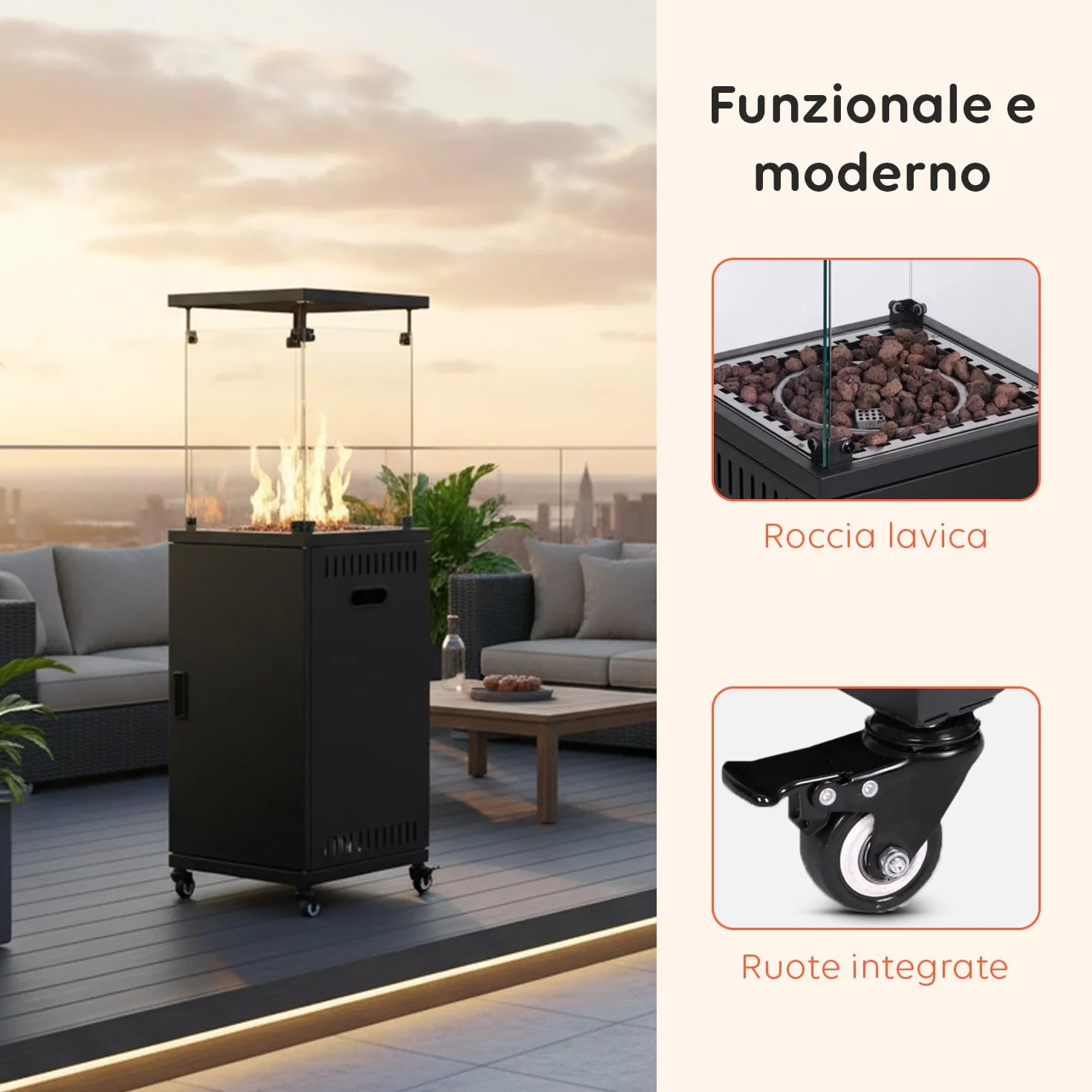 Wintem Caminetto a Gas da Esterno Nero 12 kW 15 m² Accensione Piezoelettrica Roccia Lavica Ruote