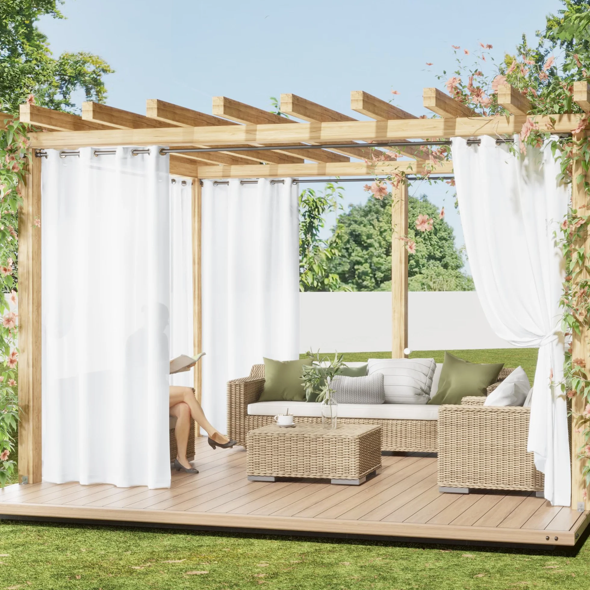 PONY DANCE Tende da Esterno Impermeabili 2 Pezzi L132 x A213 cm Tende Bianche per Esterno con Anelli Semitrasparente per Privacy e Filtraggio Luce Decorazione Voile Curtains per Terrazzo