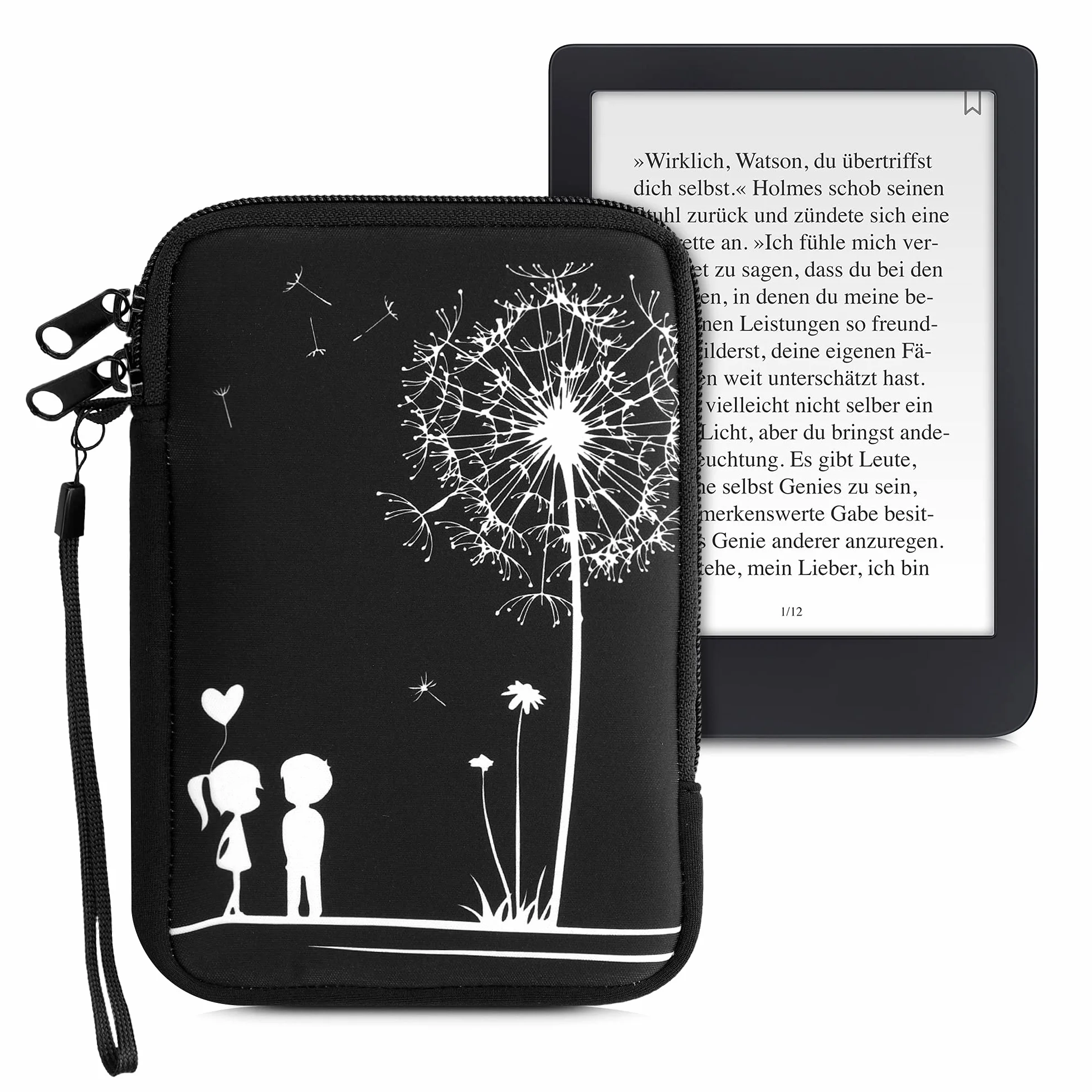 kwmobile Custodia Universale per eReader in Neoprene bianco/nero con Chiusura a Zip 17 x 12 x 2 cm