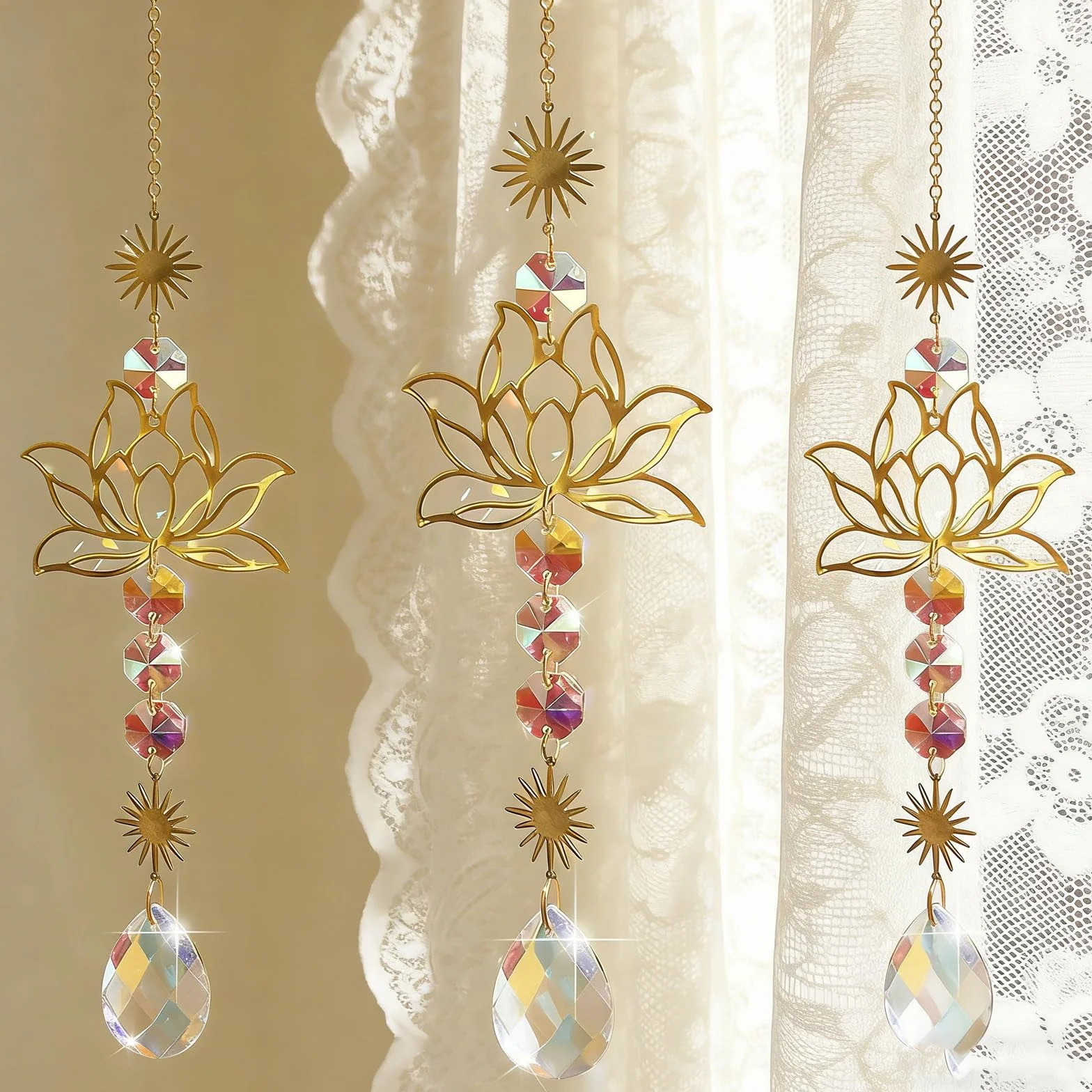 Acchiappasole in Cristallo,3 Pezzi Crystal Suncatcher,Appendere Vetro Acchiappa Sole,Fiore di Loto,Pendenti Prismi Cristallo,Pendenti Suncatcher Decorazione,per Giardino,Casa,Interno ed Esterno
