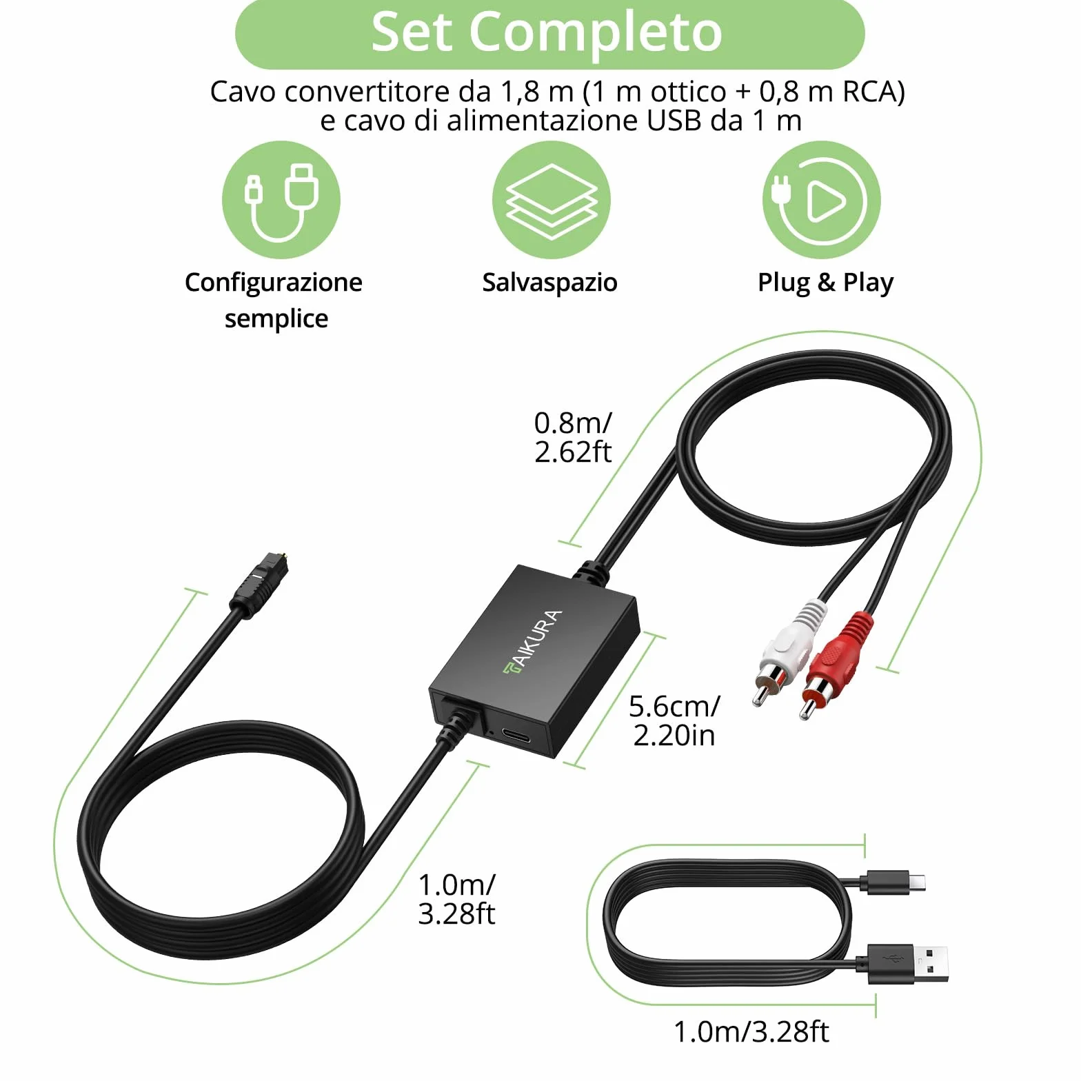 Convertitore Ottico a RCA 192kHz/24bit DAC Digitale-Analogico SPDIF per HDTV, DVD, Blu-Ray
