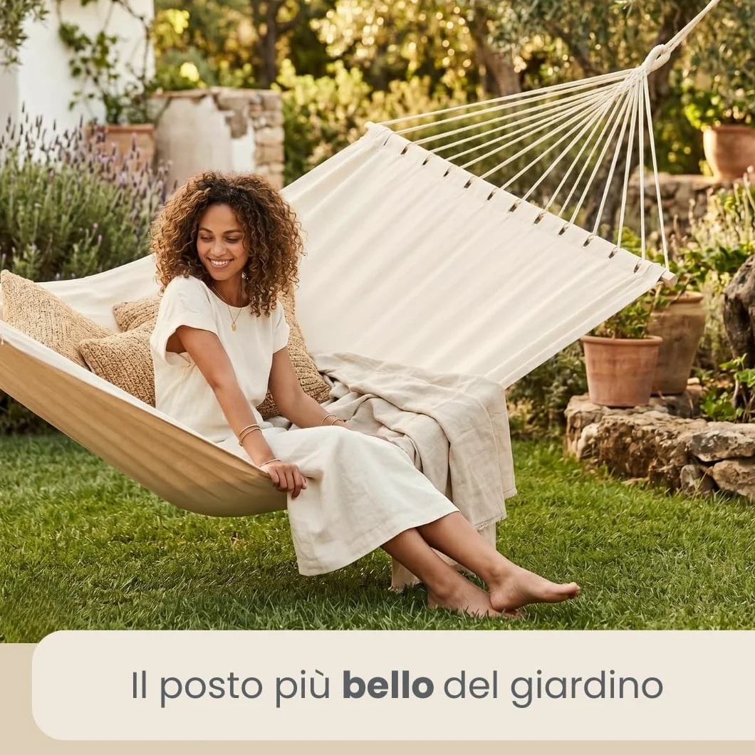 Amaca XXL 200x120 cm Beige Dondolo Doppio 2 Persone 150kg Cotone Robusto Esterno Interno Balcone Giardino