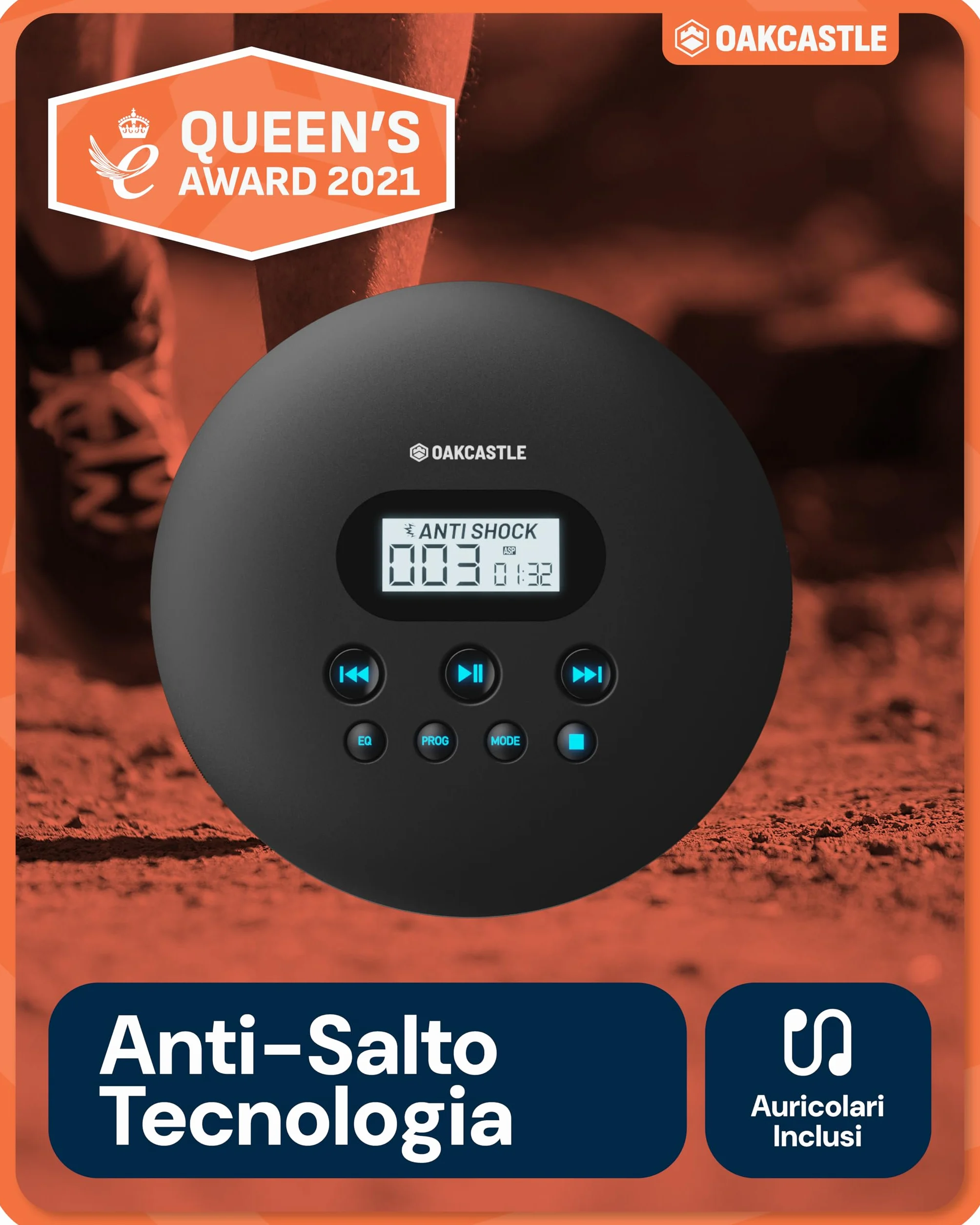 Oakcastle CD100 Lettore CD portatile ricaricabile Bluetooth 5.3, 12 ore riproduzione, anti-salto, USB-C