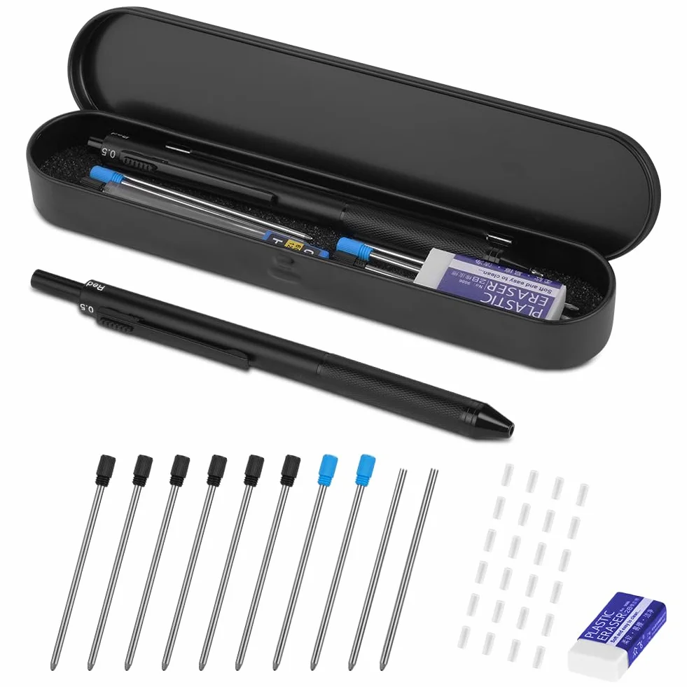 AUAUY 4 in 1 Matita Portamine & Penna a Sfera, Metallo Matite Meccaniche 0.5mm Set, Penne a Sfera Multicolore con Confezione Regalo