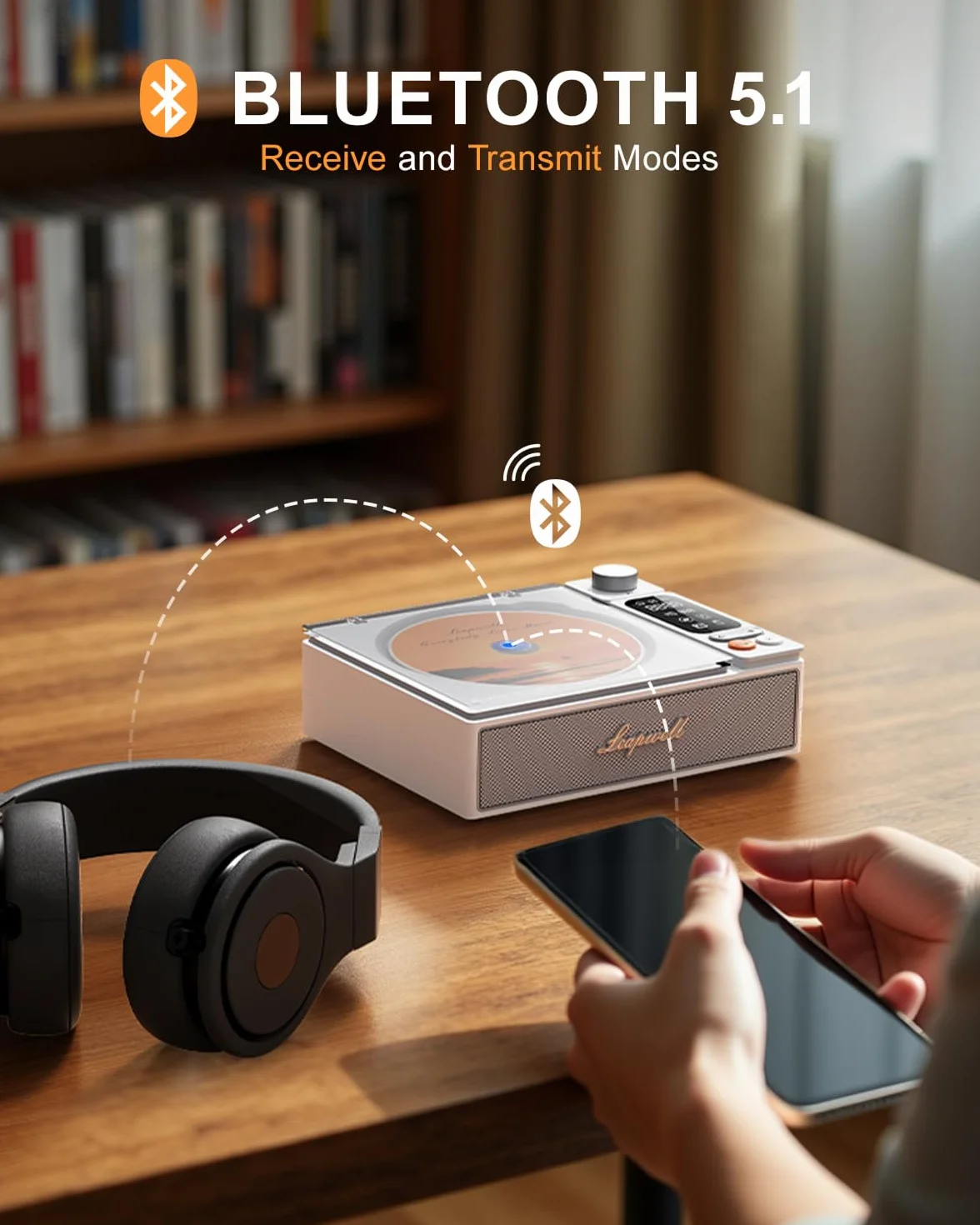 Lettore CD Portatile Leapwell Bluetooth Altoparlanti HiFi Interni Retrò Audio Compatto Ricaricabile Schermo LCD Radio Cuffie AUX USB Ottico Bianco