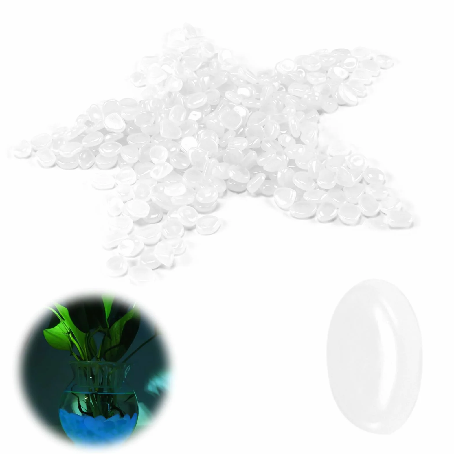 Pietre Luminose Bianche per Giardino e Acquario, 300 Ciottoli Fluorescenti, Decorazione Esterna, Pietre Luminose Ecologiche ed Energeticamente Efficienti