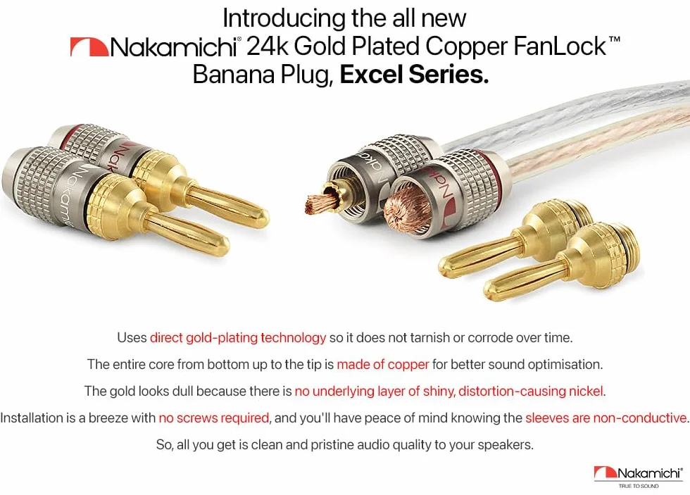 Nakamichi FanLock Excel Connettore a banana placcato oro 24 carati 10 AWG - 18 AWG 4 mm per amplificatori Hi-Fi Stereo Home Theatre 8 pezzi
