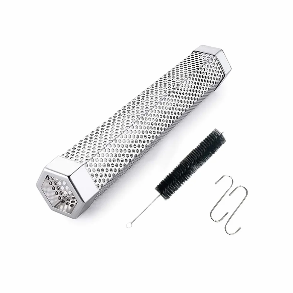 Tubo fumatore a pellet per grigliare, 30,5 cm in acciaio inox di alta qualità, per barbecue a legna o fumatori, esagonale con 2 ganci a forma di S e 1 spazzola per la pulizia