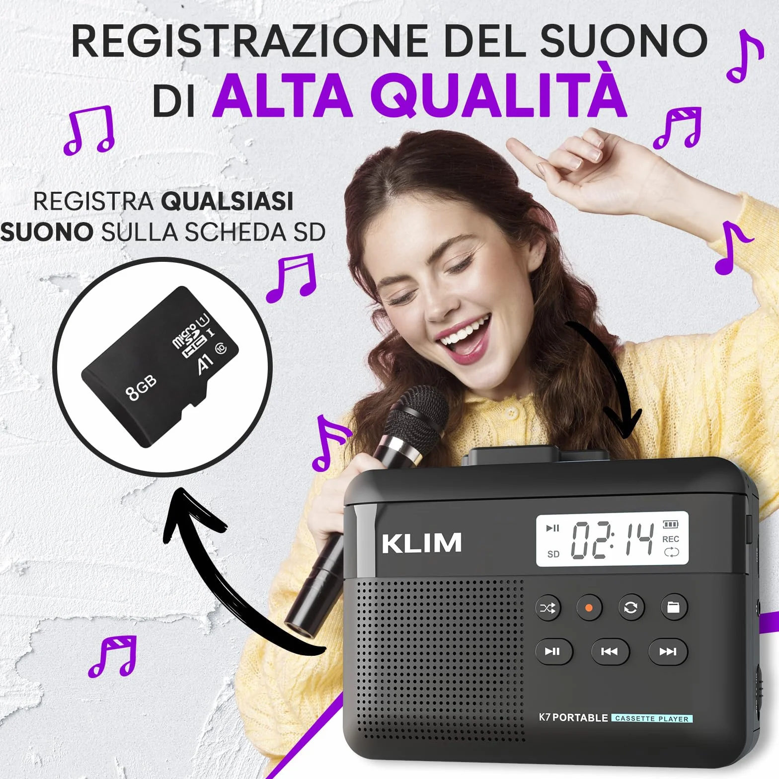 K7 Cassette Player MP3 Convertitore Lettore Audio Portatile con Microfono Altoparlante Batteria Ricaricabile Auricolari Scheda SD 8 GB Nero