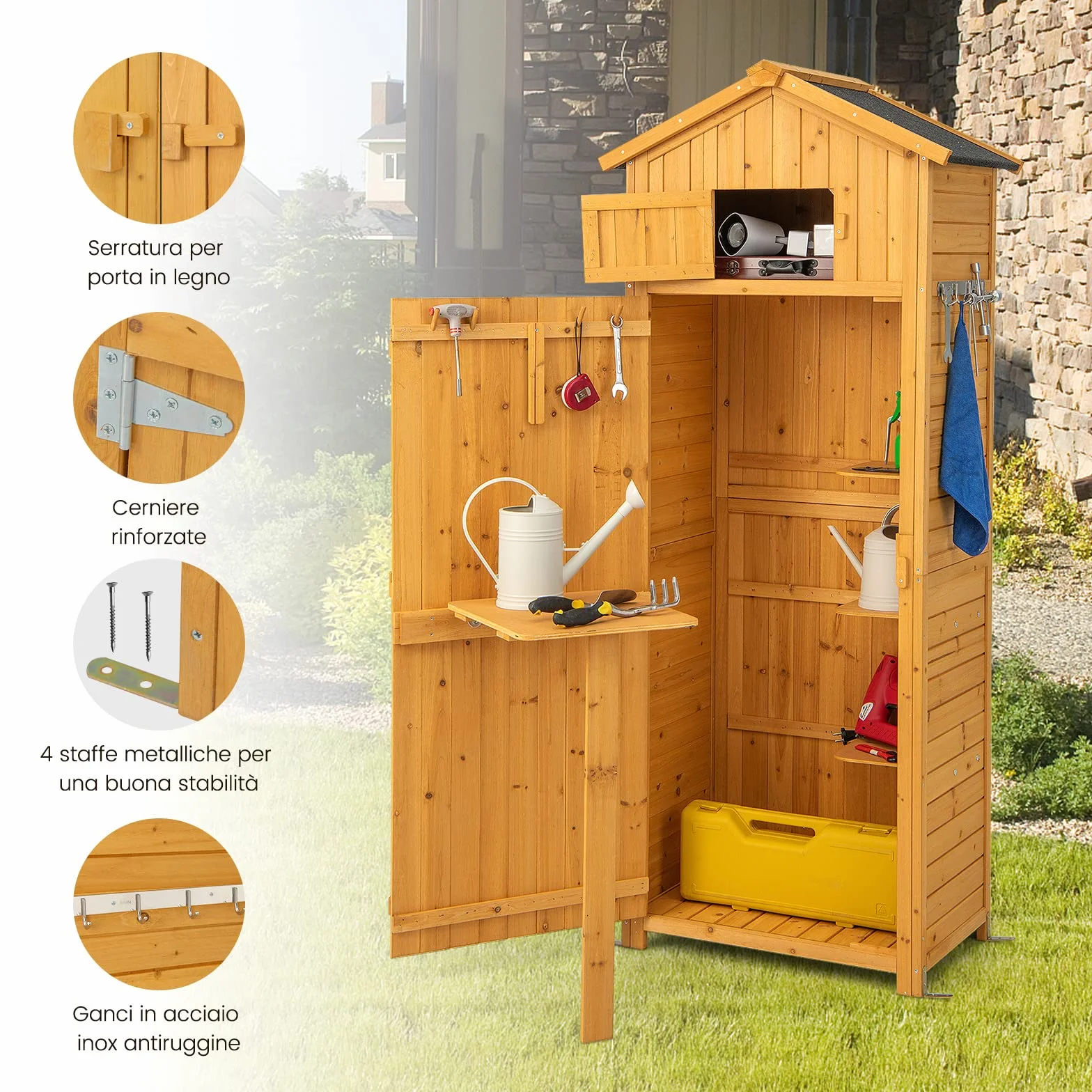 COSTWAY Armadio da Esterno in Legno Capanno da Giardino con Serratura Tavolo Pieghevole Tetto Impermeabile