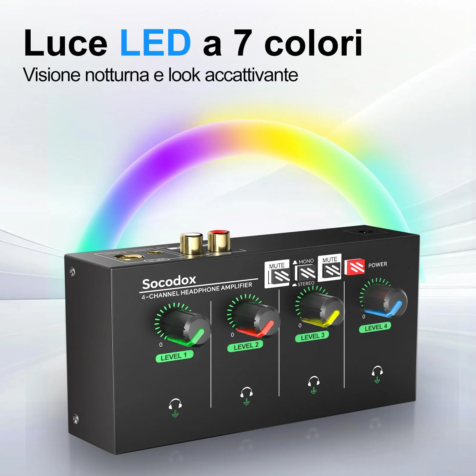 Amplificatore per Cuffie 4 Canali, Mixer Compatto in Metallo con 8 Uscite, Jack 3,5 mm/6,35 mm/RCA, Interruttore Stereo, Mute, Luce RGB