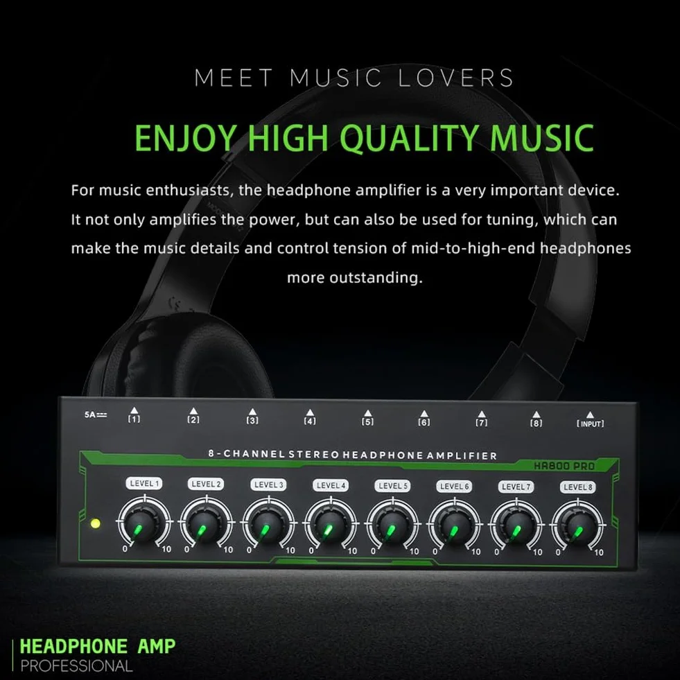 HA800 Pro 8 Canali Amplificatore per Cuffie Stereo RGB per Mixer Musicale Registrazione
