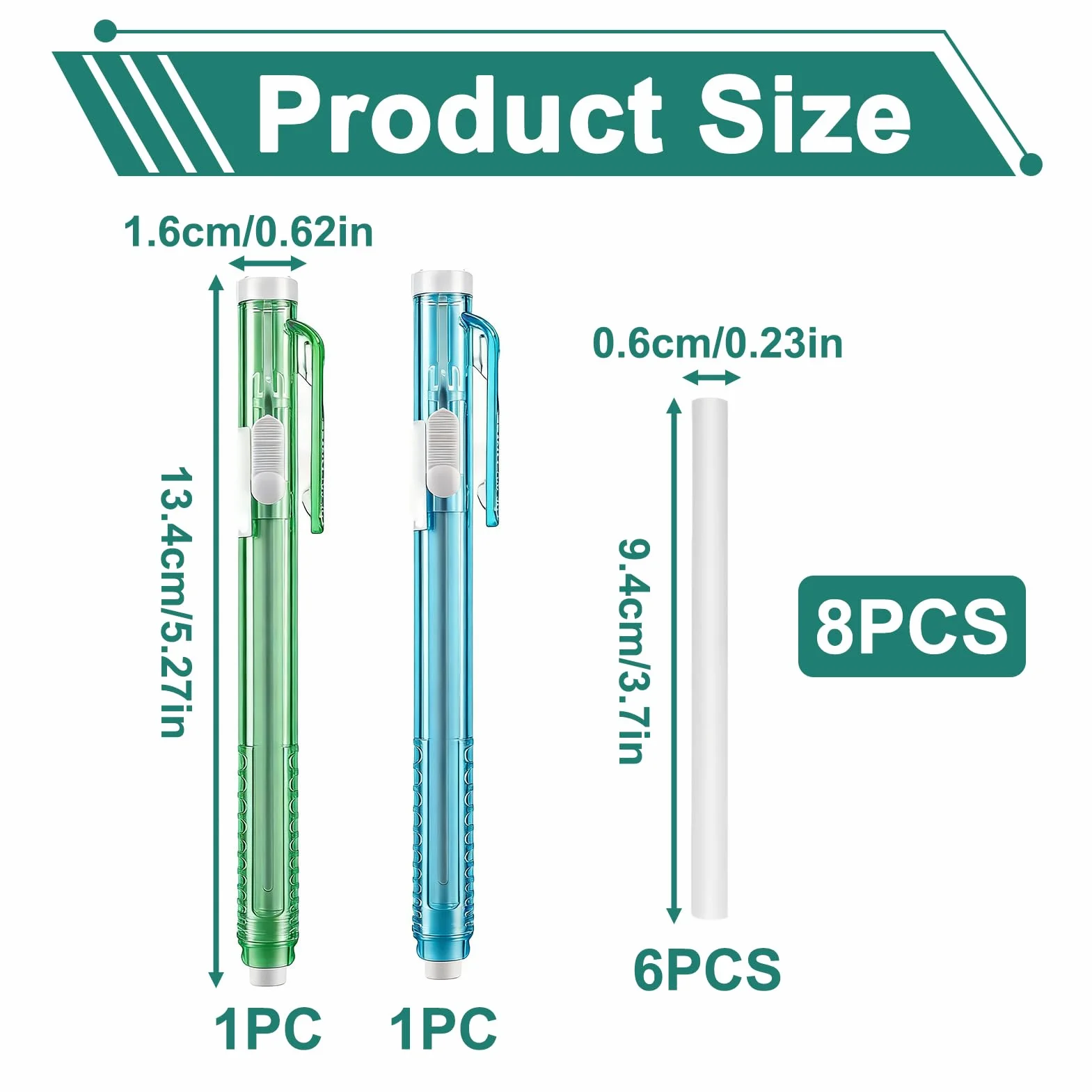 Gomme meccaniche retrattili set 2 con 6 ricariche penne precisione disegni scritture schizzi cancellabili blu verde
