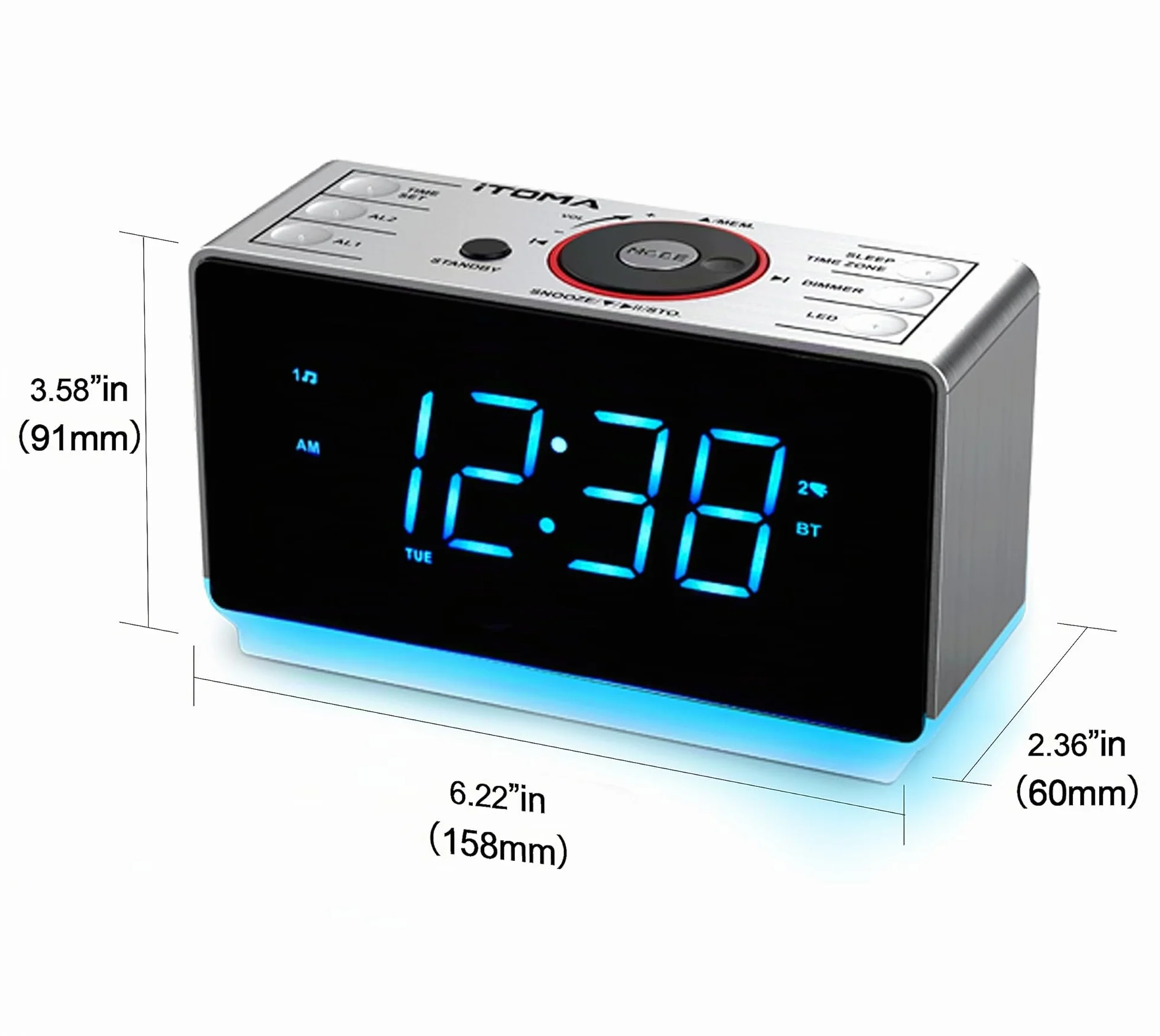 iTOMA Radiosveglia Bluetooth Digitale FM Doppia Sveglia Snooze Dimmer Ricarica USB Luce Notturna CKS708
