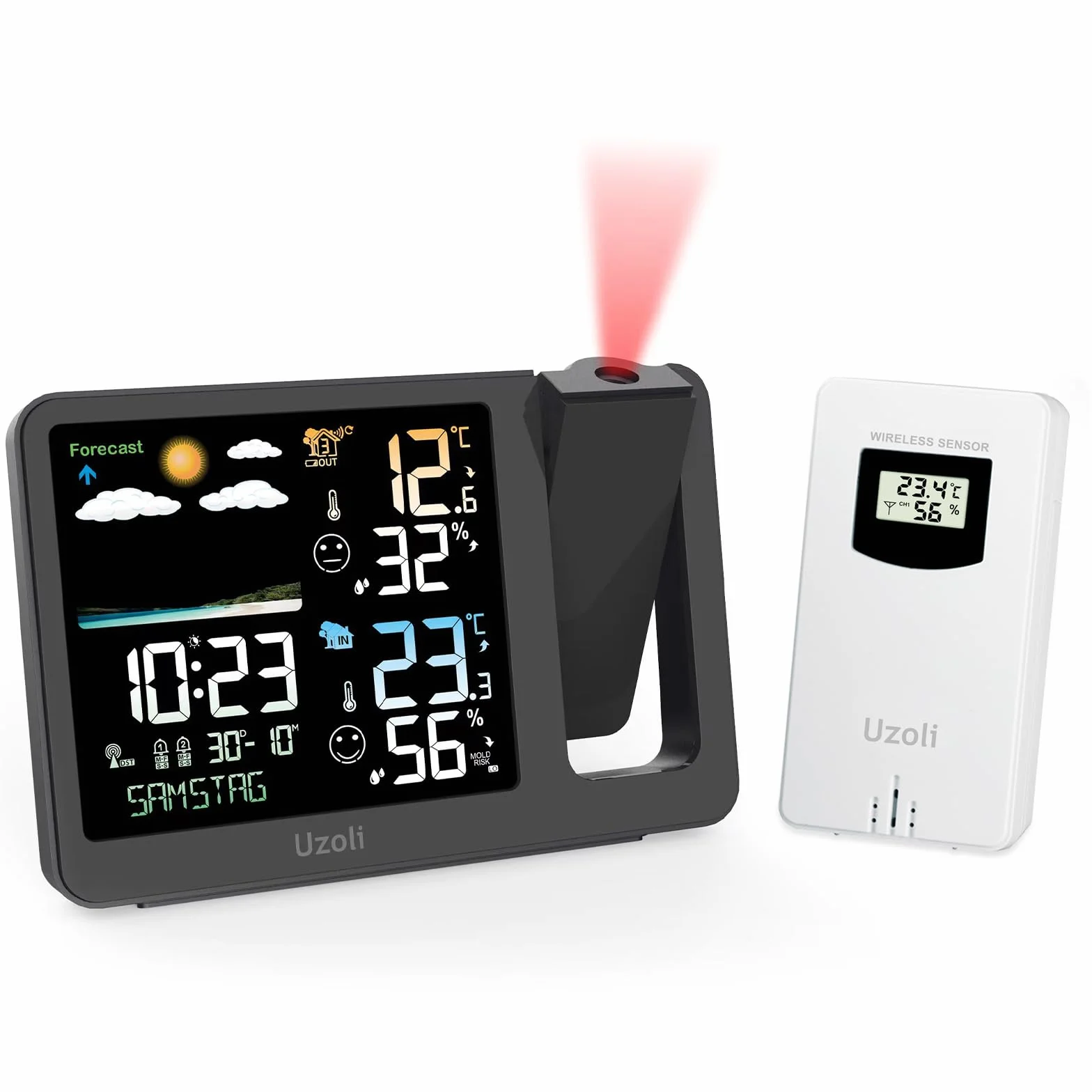 Uzoli Sveglia con proiettore Orologio proiezione soffitto Stazione meteorologica, sensore esterno Termometro Igrometro interno Previsioni del tempo Livello di comfort Rischio muffa -EM3539A