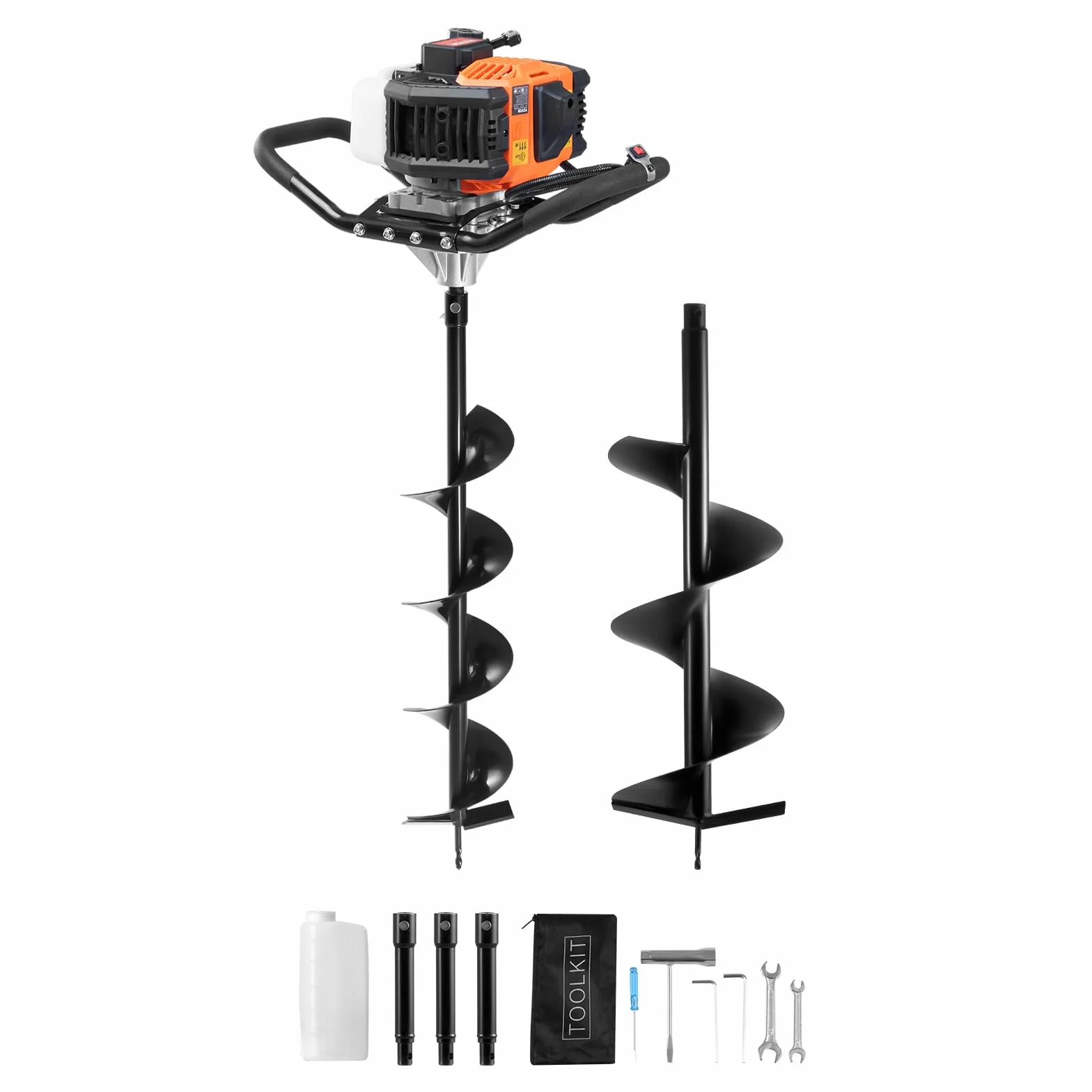 VEVOR Trivella con Motore a Benzina 52 CC 1450W Trapano a Benzina con Punte da 150 e 250 mm 3 Barre di Prolunga Trapano per Fori per Recinzione per Terreni Agricoli Piante da Giardino Arancione e Nero