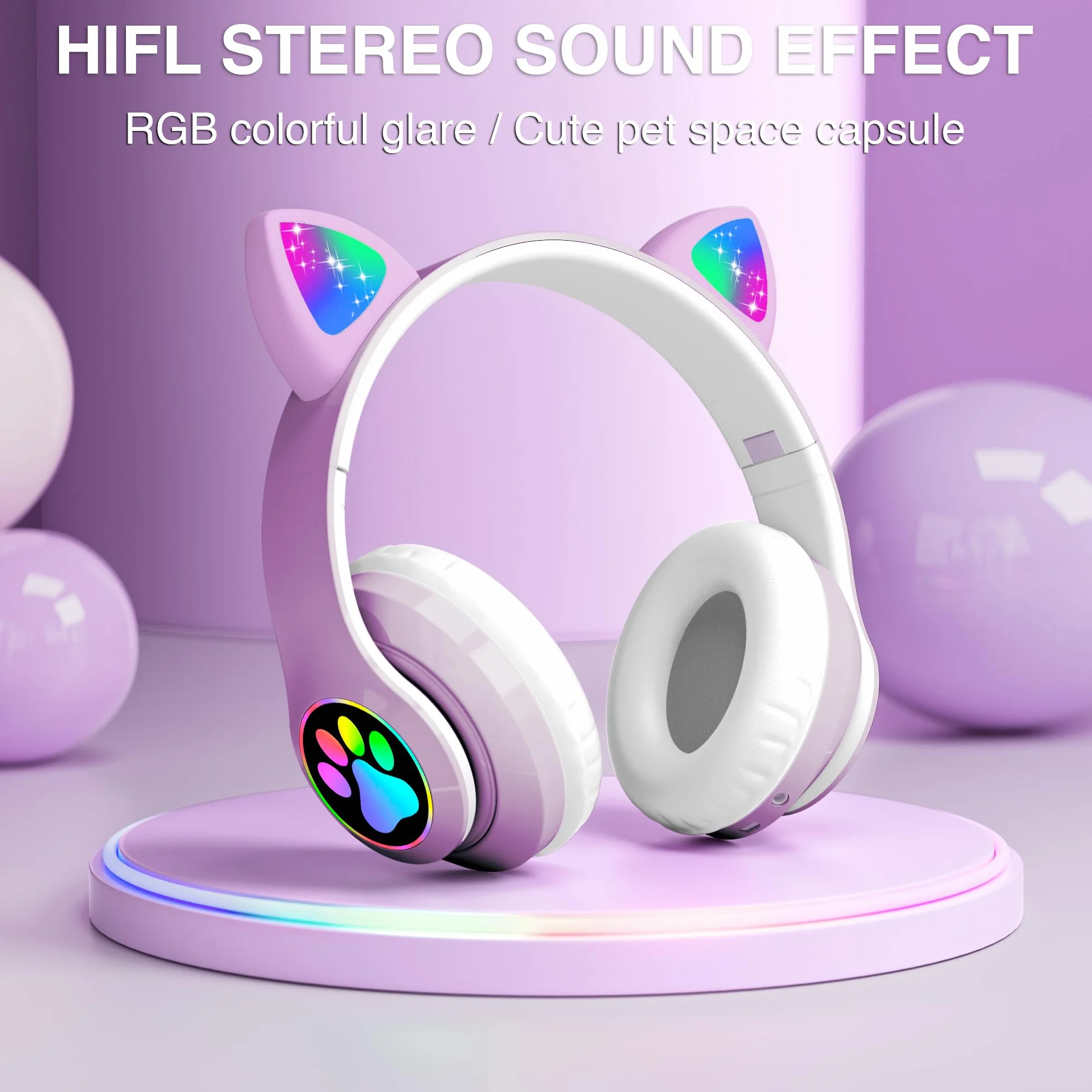 Cuffie Wireless Bambini con LED, Bluetooth Cuffie con Orecchie Gatto Pieghevoli con Microfono, Micro SD Regalo Natale Compleanno Ragazze Viola