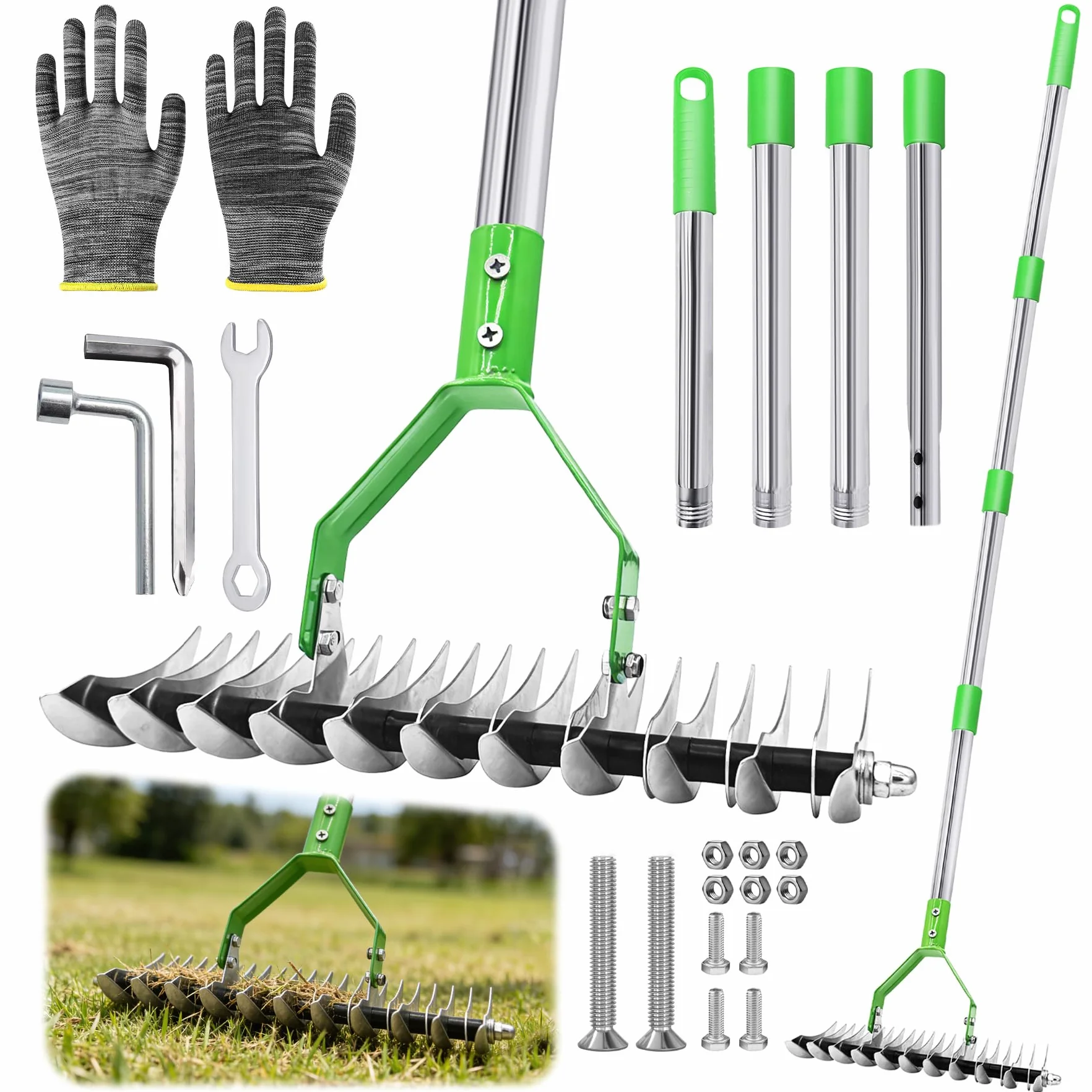 TZEKING 163cm Rastrello Sarchiatore con Manico Rimovibile,Cultivatore a Mano da Giardino a Manico Lungo Regolabile,Rastrello per Prato,Aeratore Doppio per Pulire l'Erba Morta