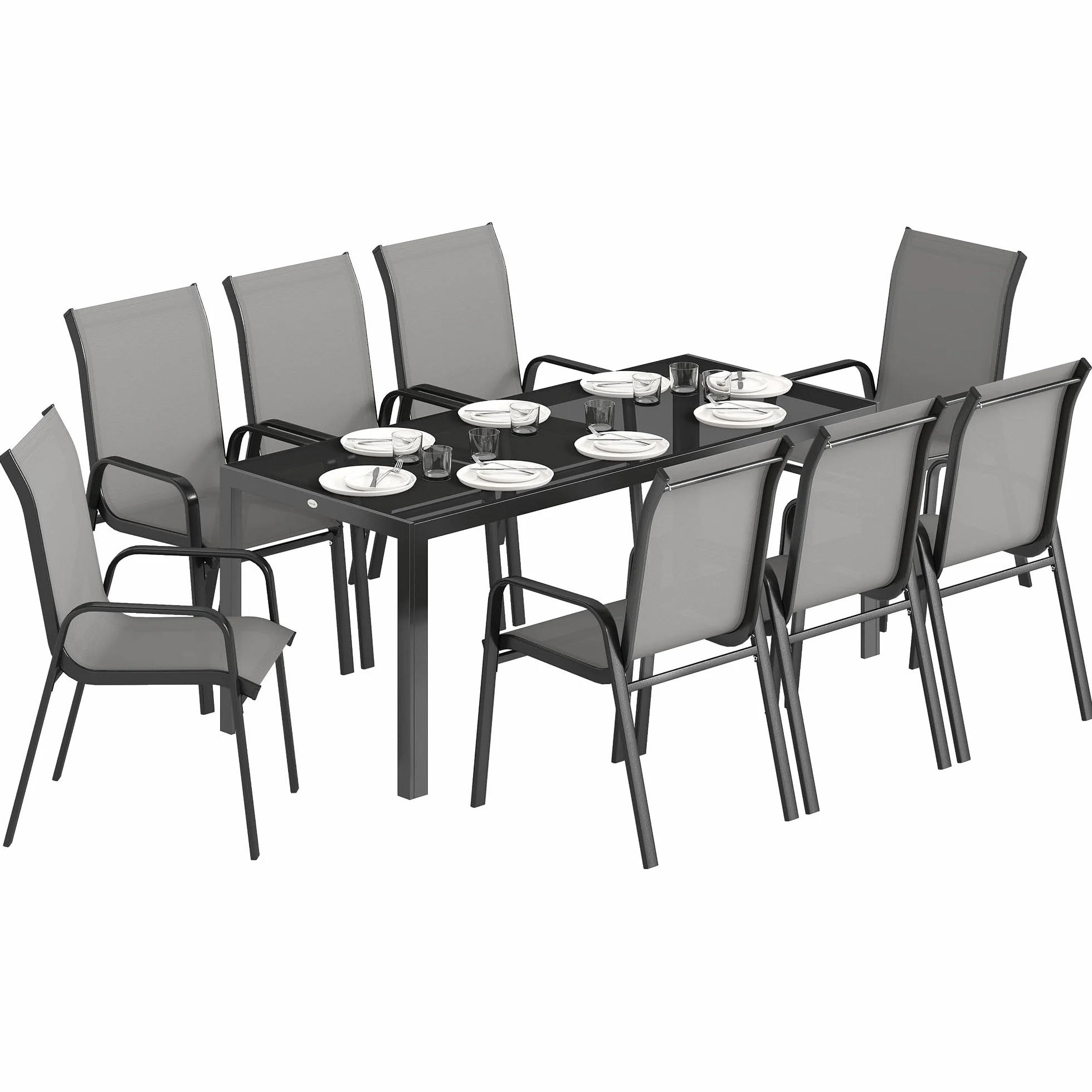 Outsunny Set Tavolo e Sedie da Giardino 9 Pezzi, Set Pranzo Esterno con Tavolo in Vetro Temperato, 8 Sedie Impilabili in Texteline, Set Mobili da Giardino per Terrazza Balcone Patio, Grigio Chiaro