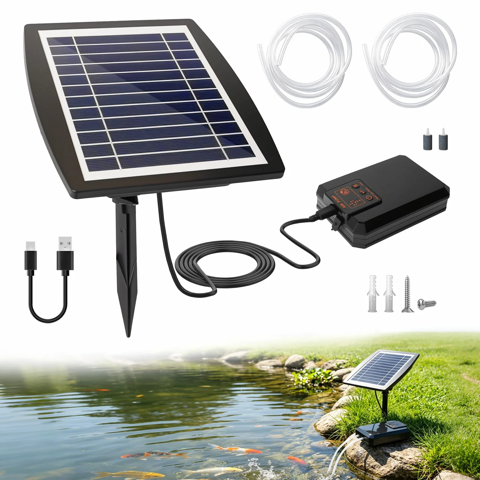 Aeratore solare per laghetto, Pompa di Ossigeno Solare, 3 W, Tubo da 3 M, IPX5, Silenziosa, per Laghetti da Giardino, Cisterna Idroponica, Acquario, Laghetto per Pesci